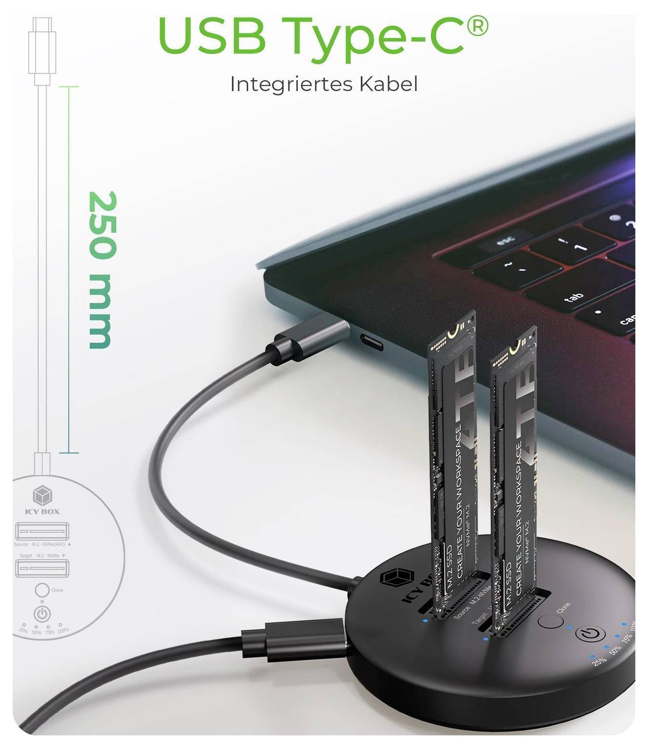 Produktpromo mit einem Laptop und SSD-Gehäuse mit dem Text „Windows/macOS