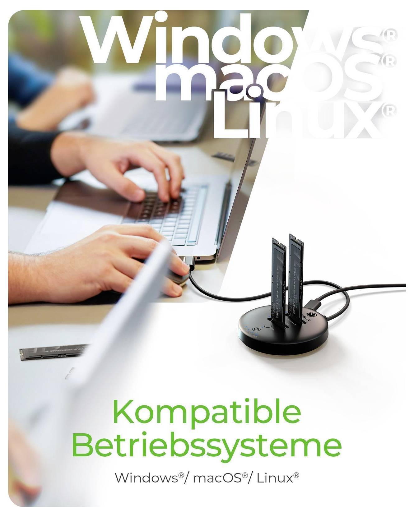 Kompatible BetriebssystemeWindows, macOS und LinuxDas Bild zeigt einen Laptop mit einer Dockingstation und deutschen Text 
