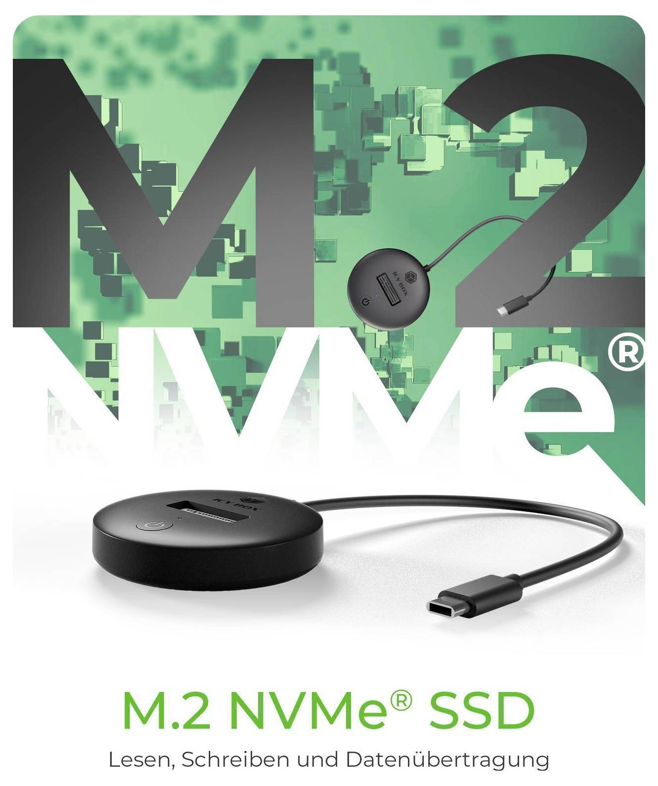 Produktverpackung für eine M.2 NVMe SSD mit einem schwarzen USB-C-Adapterkabel und dem Text „M.2 NVMe SSD