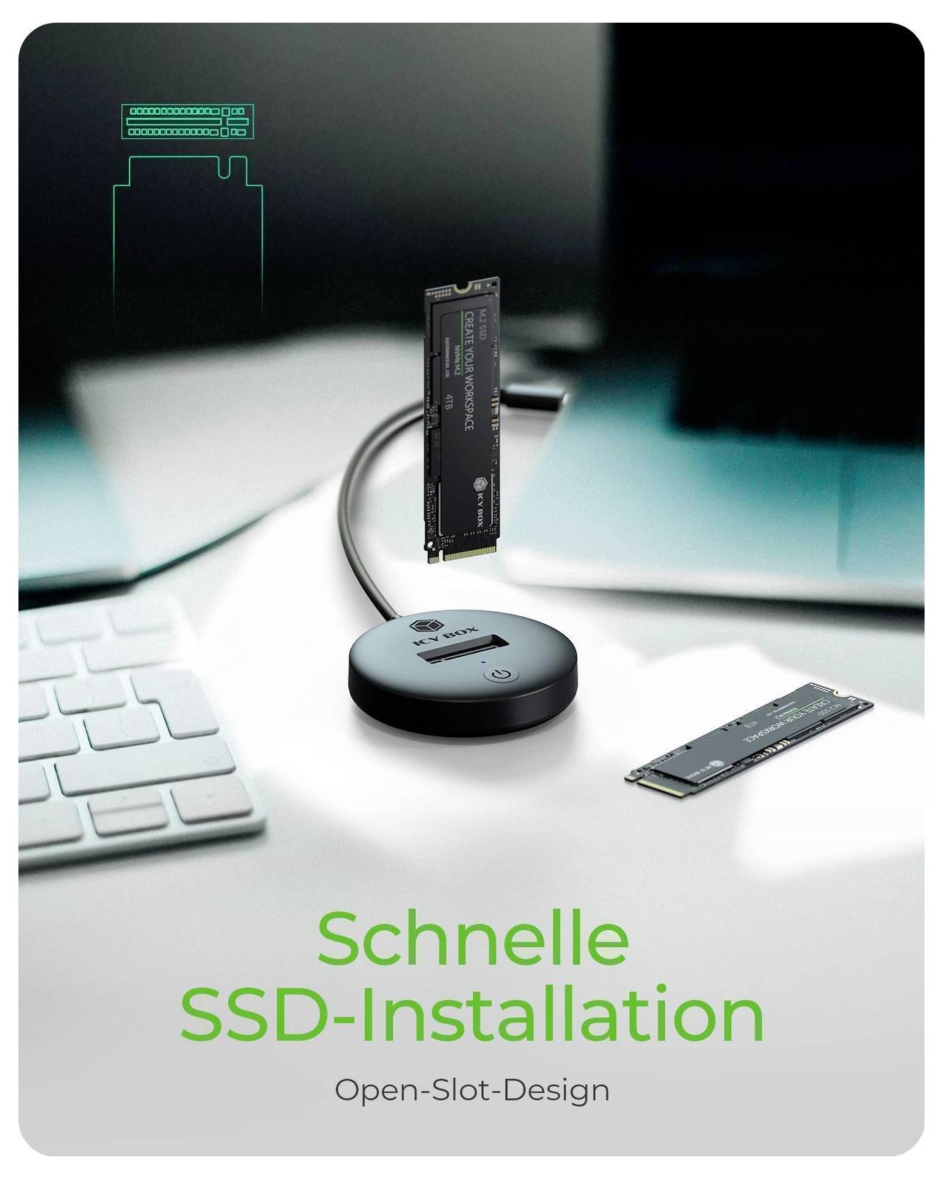 Werbebild eines Computer-SSD-Installationsaufbaus mit einem aufrecht stehenden Laufwerk, das neben einem Laptop mit einem runden Adapter verbunden ist, mit den Beschriftungen 