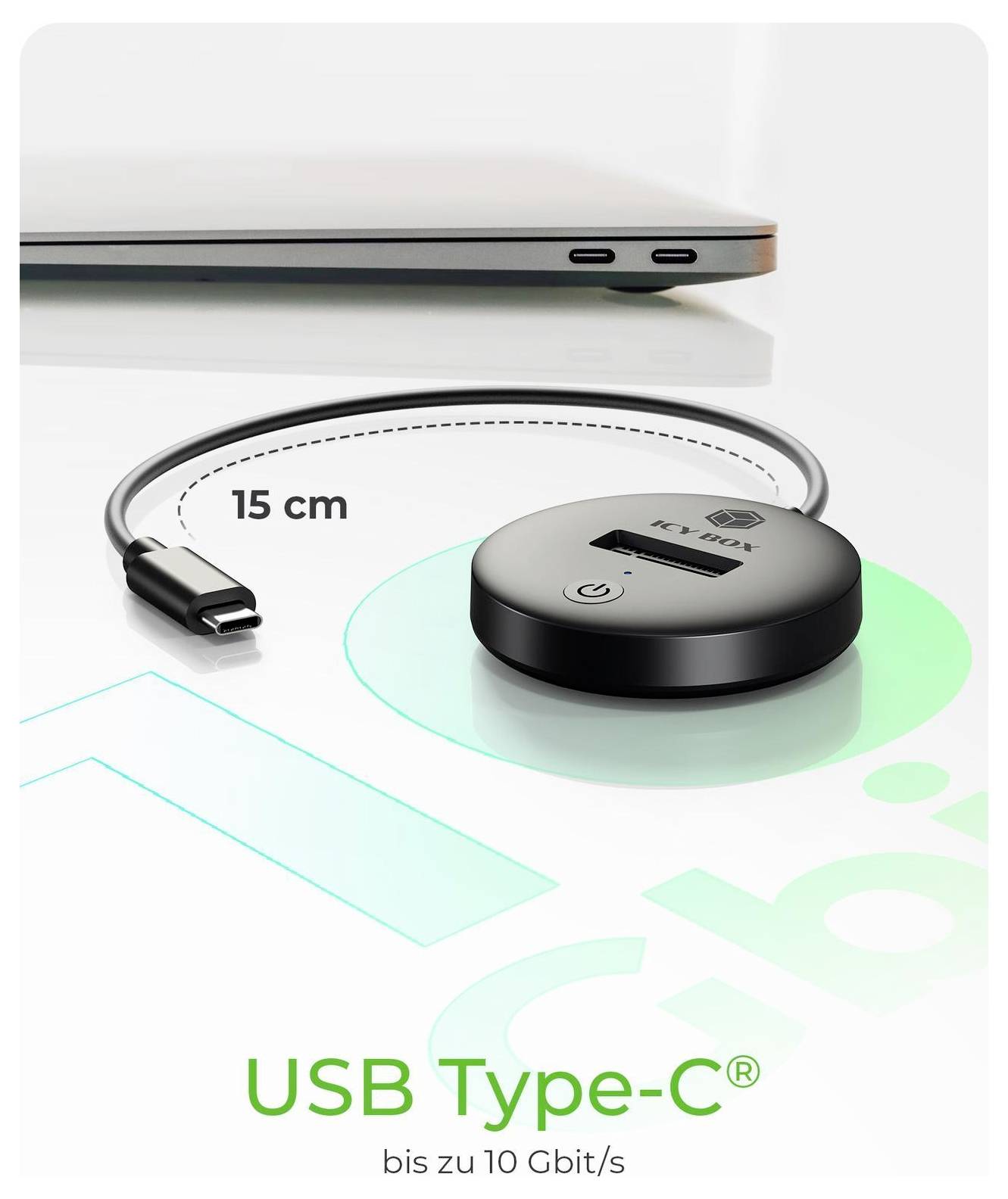 USB Type-C Hub mit kurzem 15 cm Kabel, neben einem Laptop gezeigt; Text sagt „USB Type-C®