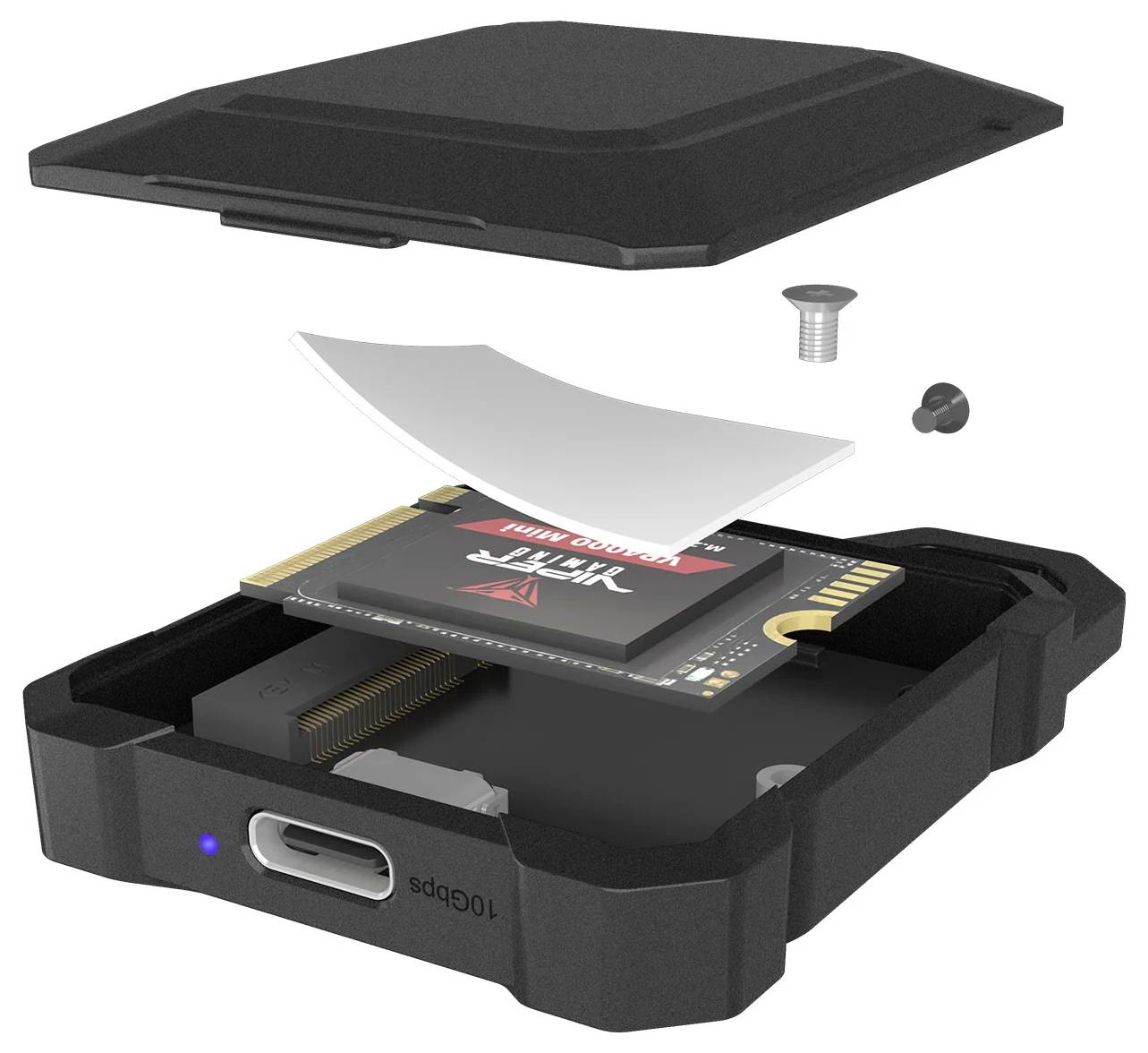Explodierte Ansicht eines kompakten SSD-Gehäuses, die den Deckel, das interne Laufwerk, den Anschluss und die Befestigungsschrauben in Schichten zeigt.