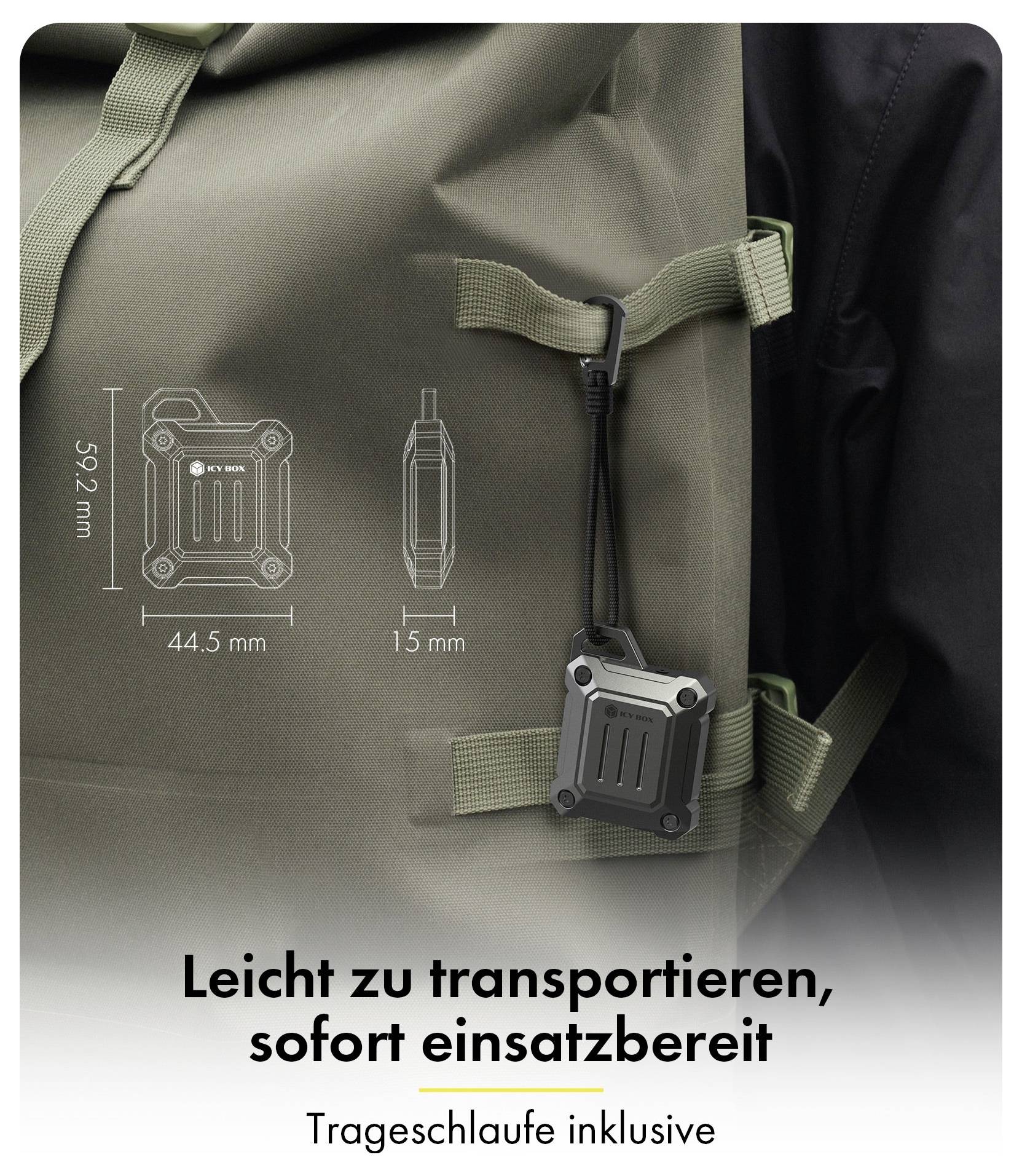Olivgrüner Rucksack mit einem kompakten schwarzen Gadget, das an einem Riemen befestigt ist; deutscher Text sagt „Einfach zu transportieren, sofort einsatzbereit