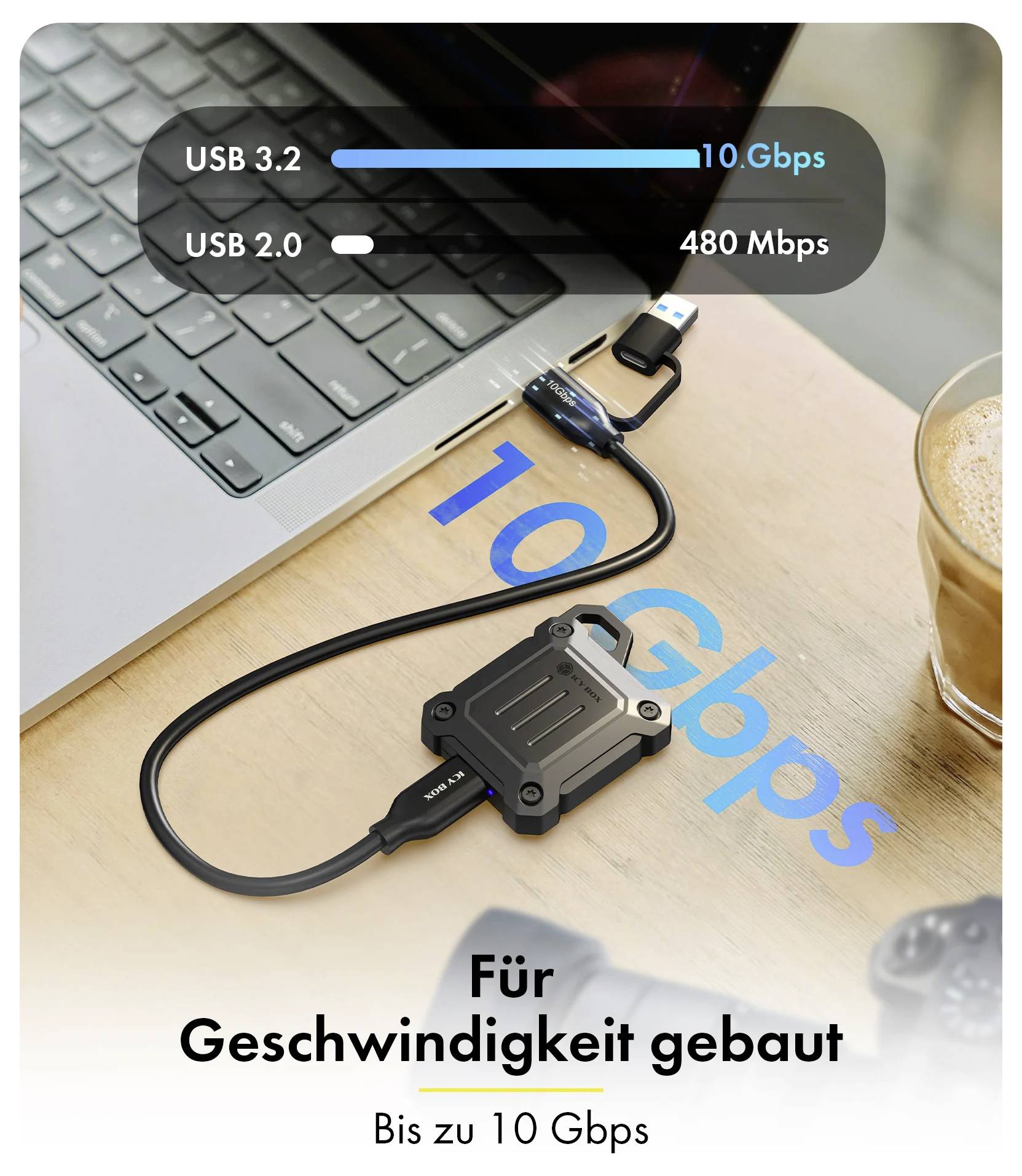 Werbebild eines robusten USB-Hubs, der an einen Laptop angeschlossen ist, mit Hervorhebung von „USB 3.2 10 Gbps