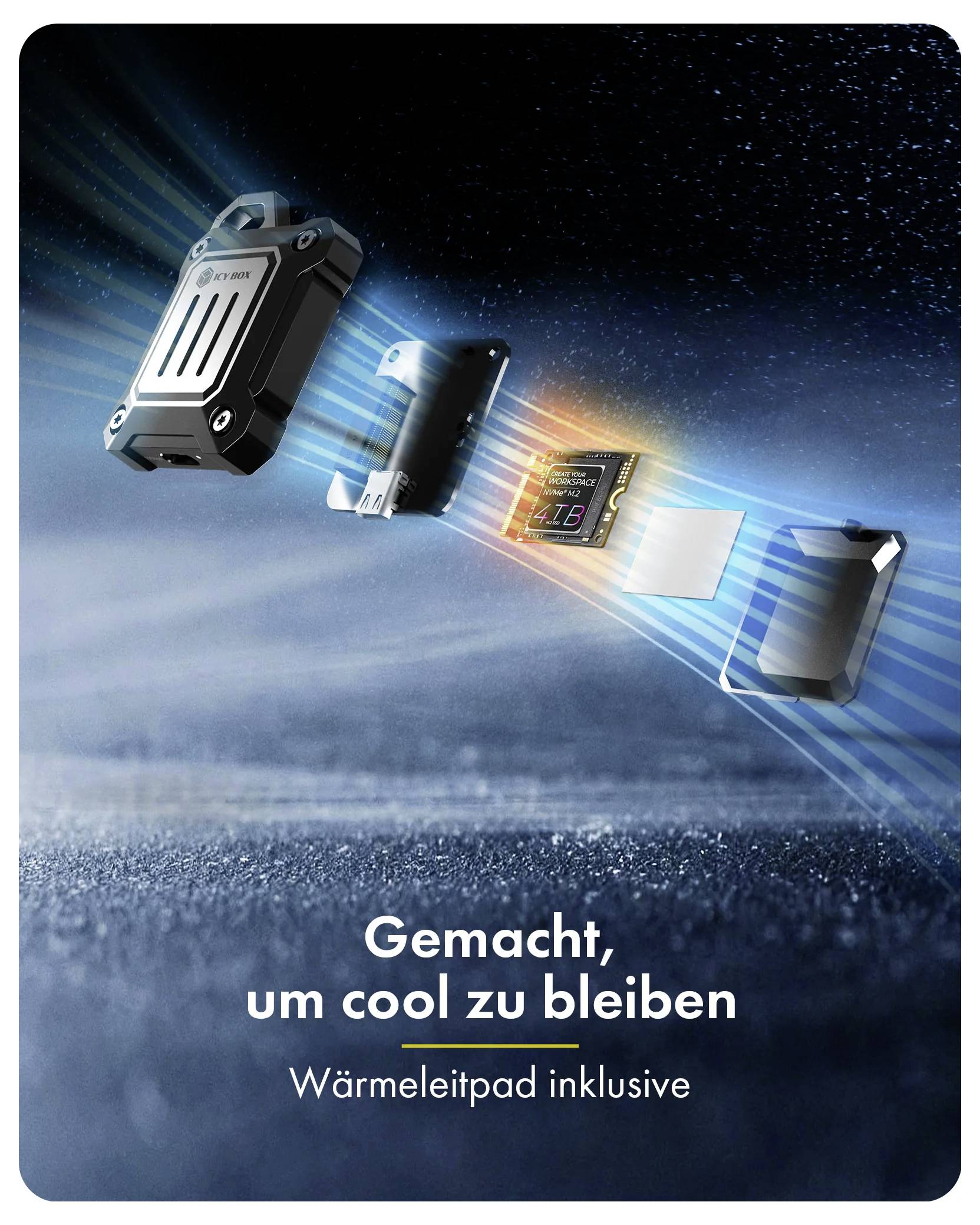 Werbebild eines schwebenden elektronischen Geräts mit Wärmeleitpad-Stücken und Wärmestreifen; deutscher Text lautet „Gemacht, um cool zu bleiben