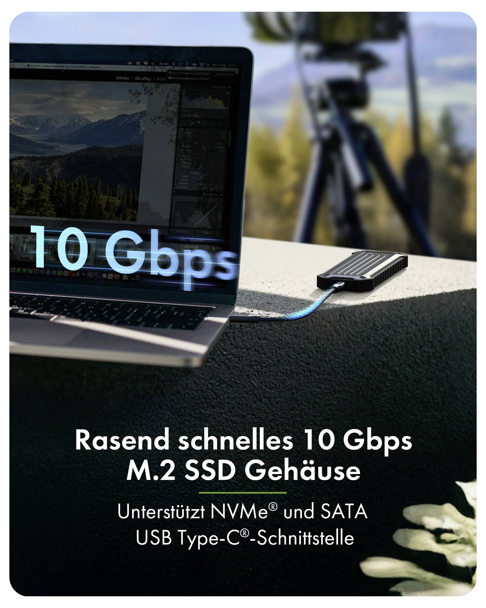 Promotional-Bild eines Laptops, der mit einem externen M.2-SSD-Gehäuse verbunden ist, mit der Beschriftung „10 Gbps