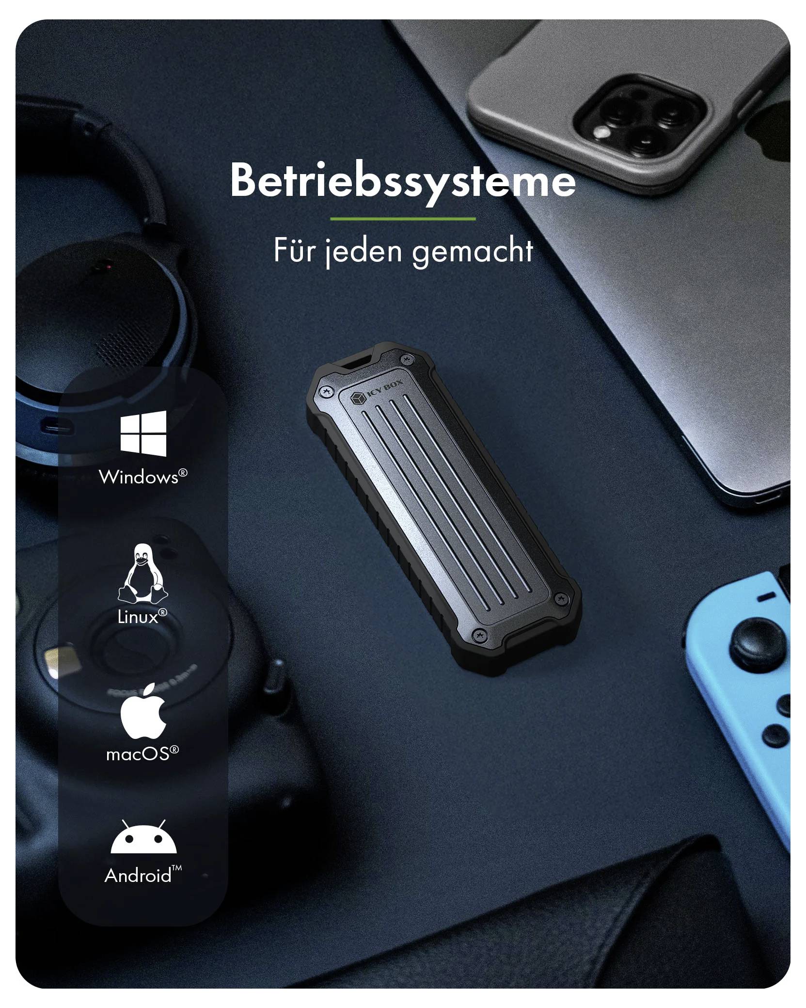 Rugged Device Marketinggrafik mit folgendem Text:'Betriebssysteme''Für jeden gemacht'Mit Kompatibilitätssymbolen für Windows, Linux, macOS und Android.