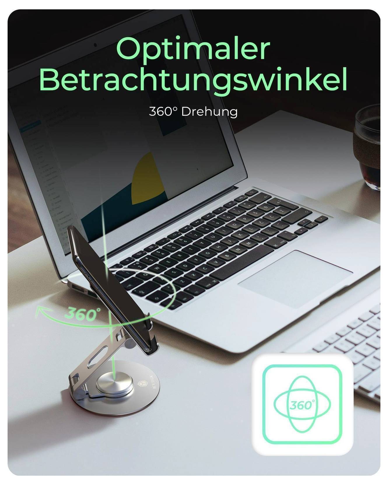Laptop auf einem Schreibtisch mit verstellbarem Ständer und 360°-Rotationsgrafik; der Text lautet „Optimaler Betrachtungswinkel