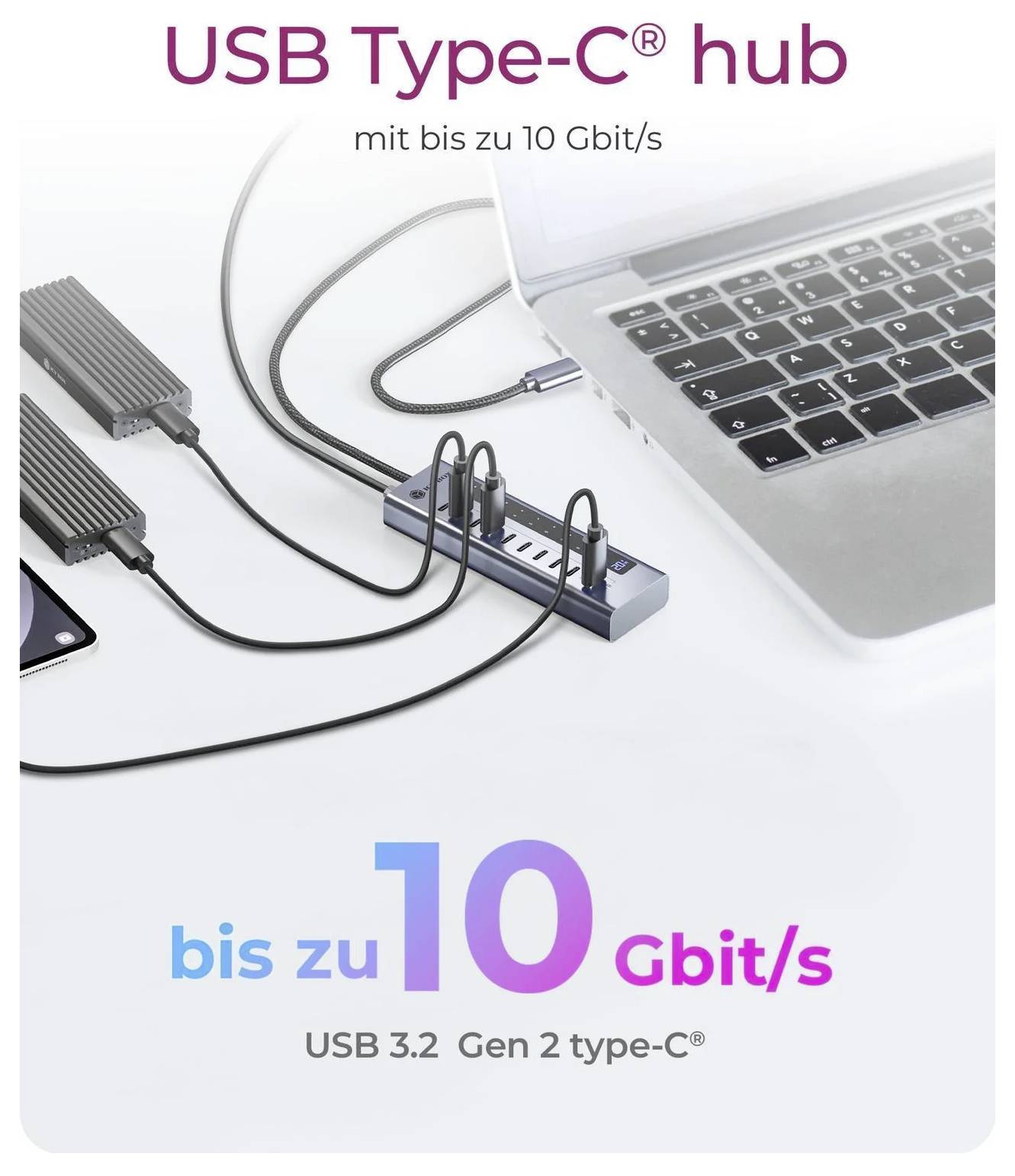 ICY BOX 61171 USB-Hub 10 Port USB-C®, USB-C® PD USB 3.2 Gen2 10 GBit/s LED-Anzeige, mit Aluminiumgehäuse Blau IB-HUB1450-C31