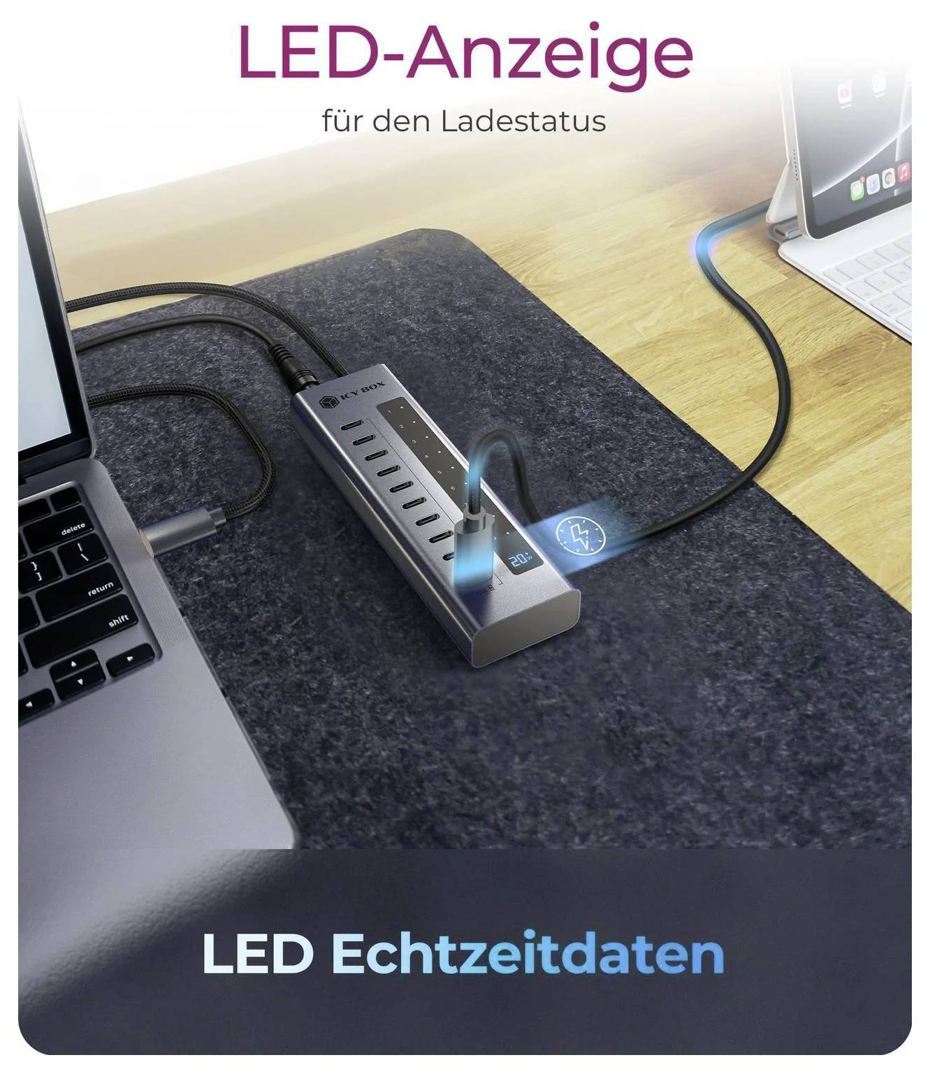 USB-Ladehub mit LED-Statusanzeigen, dargestellt zwischen einem Laptop und Tablet; Text lautet „LED-Anzeige für den Ladestatus