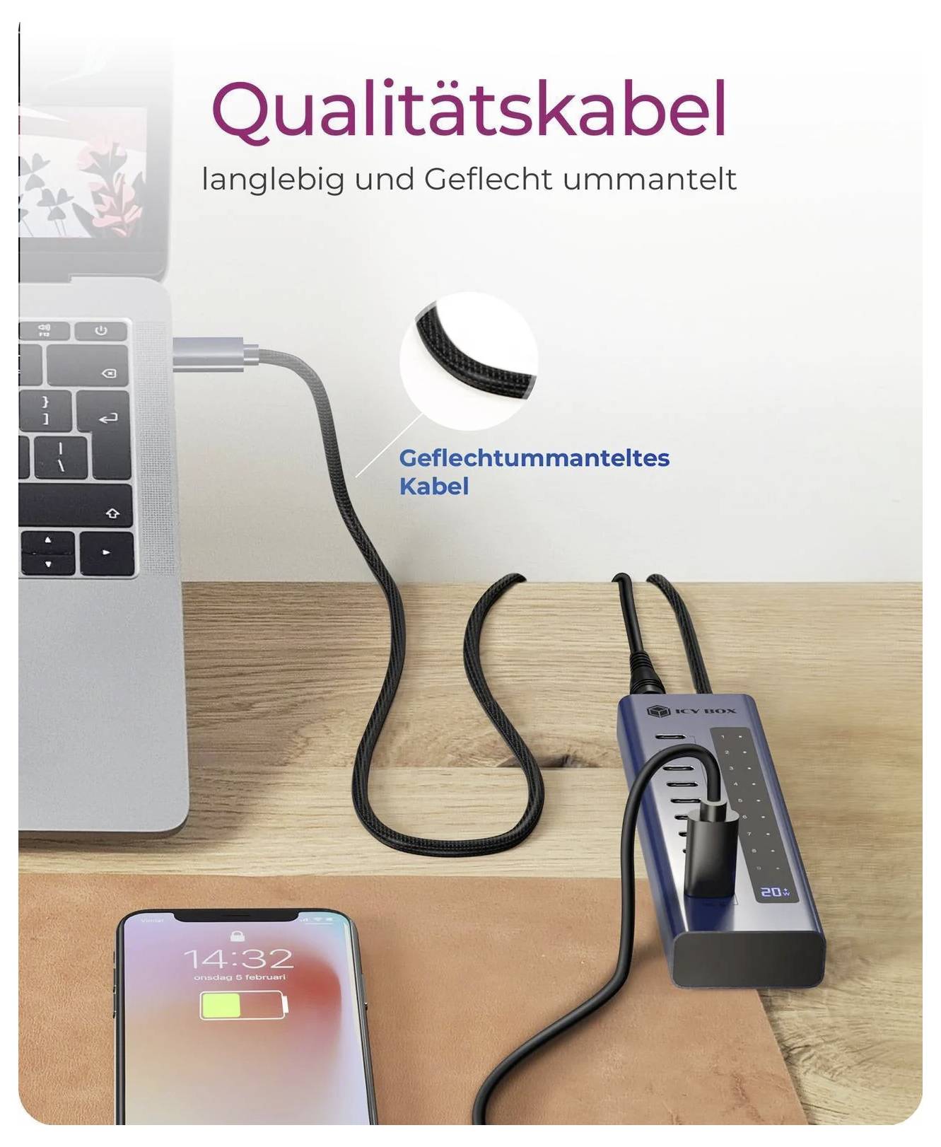 Foto eines geflochtenen Kabels, das einen Laptop, ein Smartphone und ein Multiport-Ladegerät auf einem Schreibtisch verbindet, mit der Beschriftung „Qualitätskabel