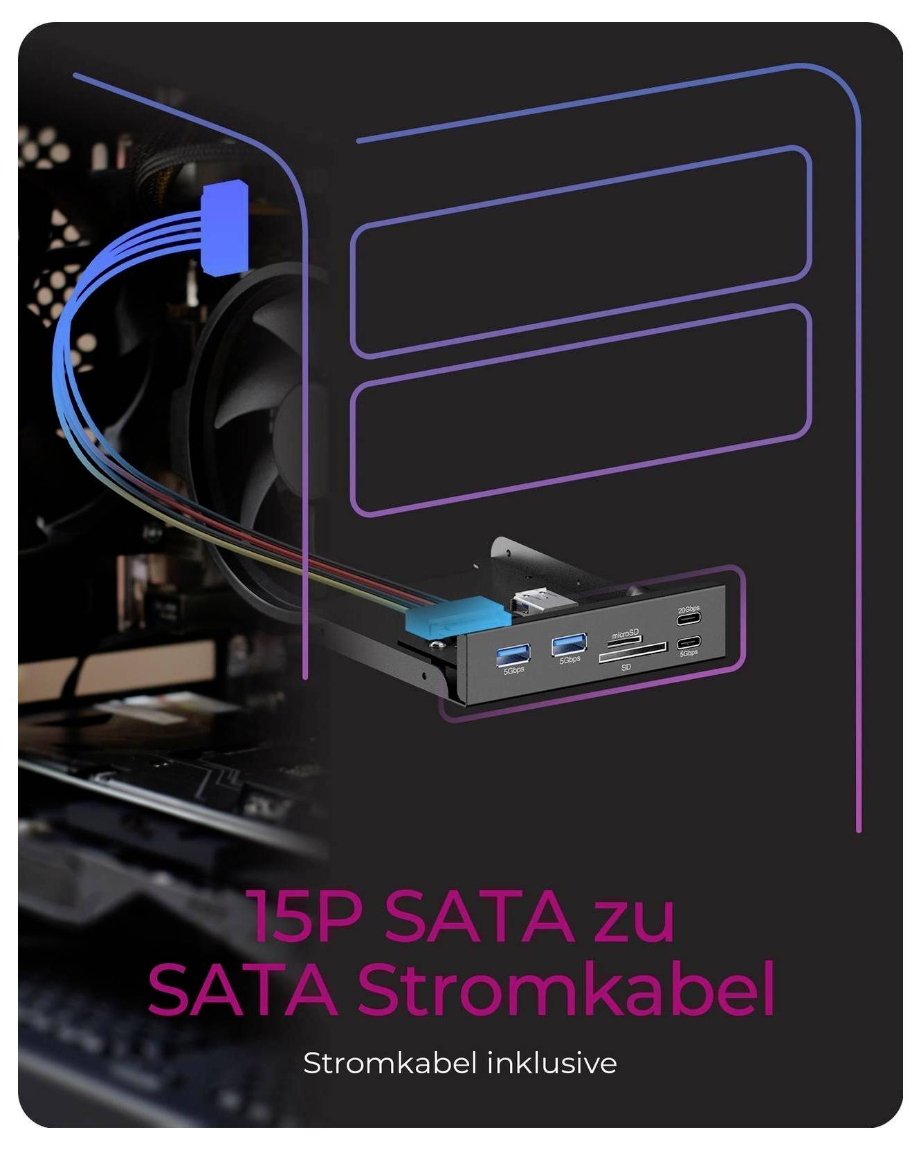 Abbildung eines PC-Stromkabels mit blauen Steckverbindern und einem Front-Panel-Hub, gekennzeichnet als „15P SATA zu SATA Stromkabel