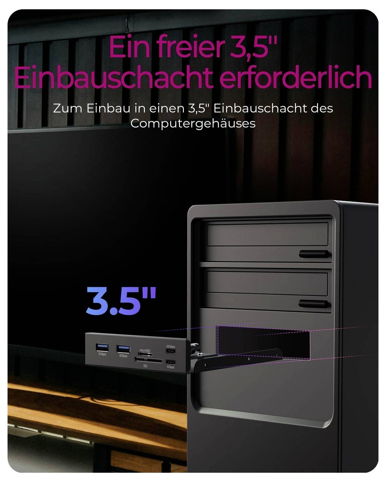 Computergehäuse mit installiertem 3,5-Zoll-Laufwerksschacht-Adapter; der Text besagt „Ein freier 3,5
