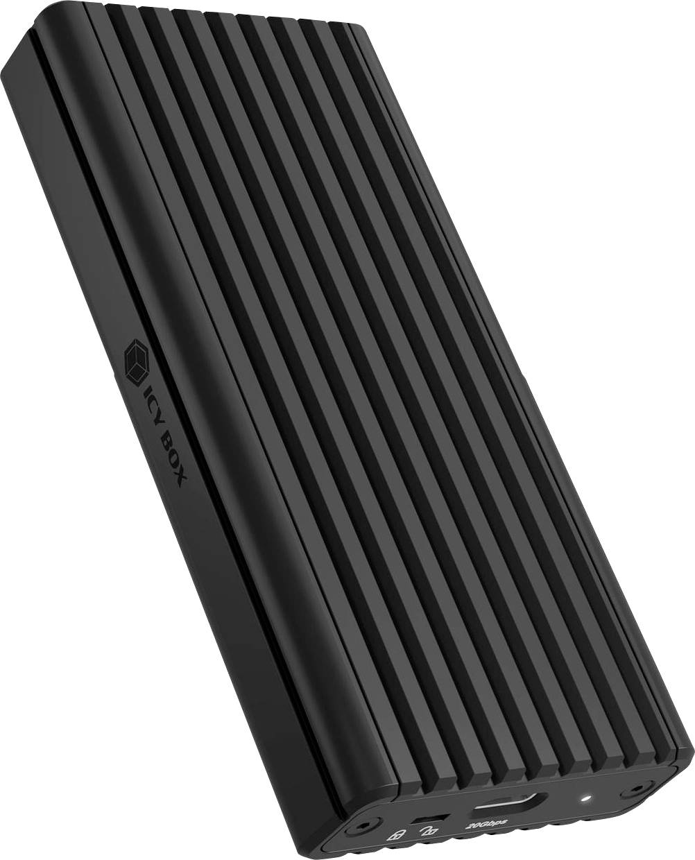 Schwarze ICY BOX Externe Gehäuse mit geripptem Aluminiumbody, angewinkelt auf weißem Hintergrund dargestellt.