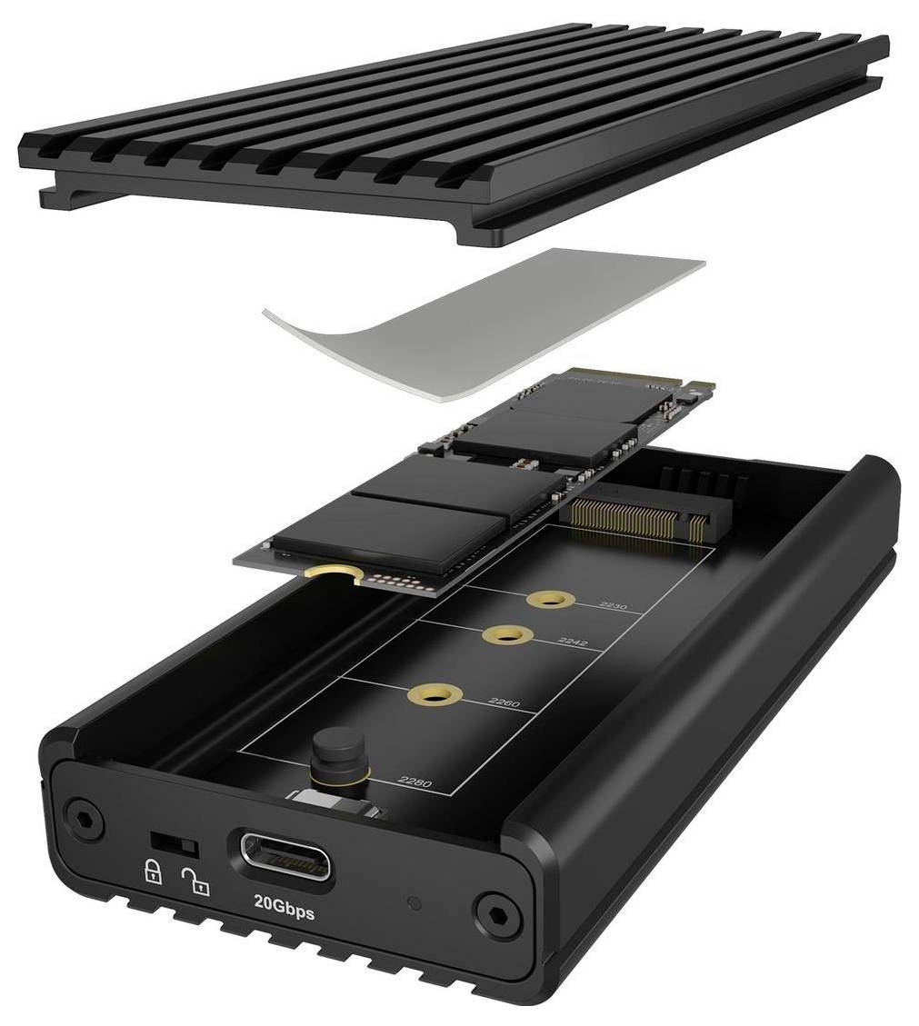 Explosionszeichnung eines USB-C-Gehäuses für externe SSDs mit belüftetem Deckel, Wärmeleitpad, interner Leiterplatte und 20-Gbps-Frontanschluss.