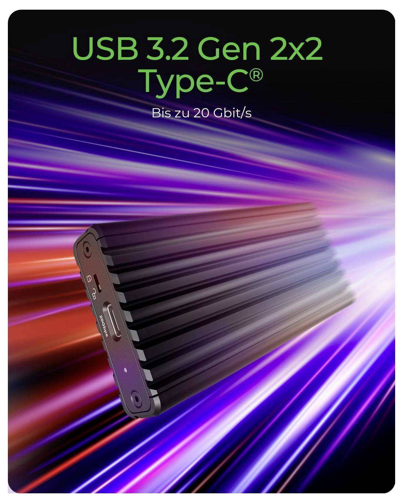 Werbegrafik eines USB-C-Laufwerks mit der Beschriftung „USB 3.2 Gen 2x2 Type-C®