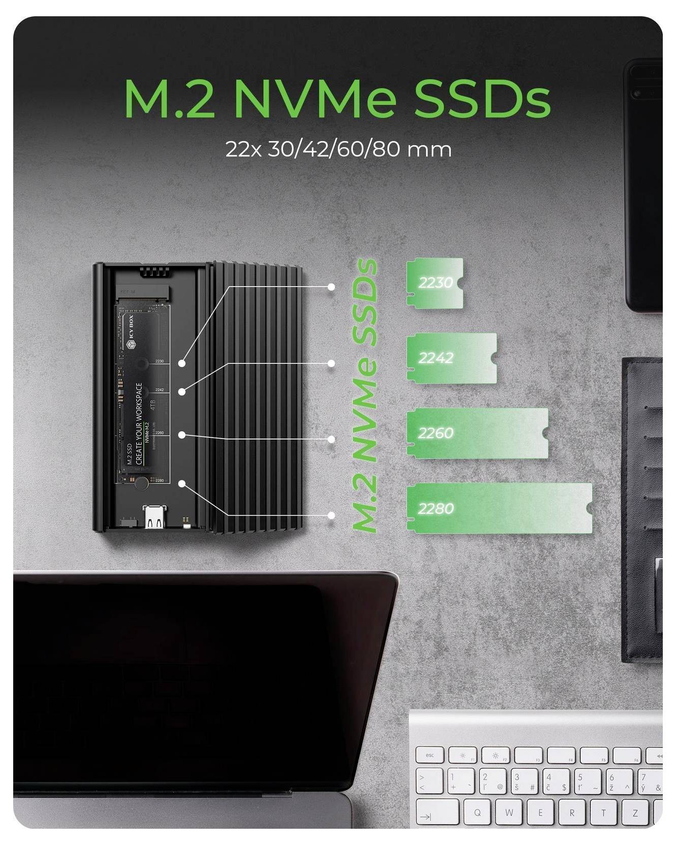 Grafik mit M.2 NVMe SSDs in den Größen 2230, 2242, 2260 und 2280, beschriftet mit „M.2 NVMe SSDs