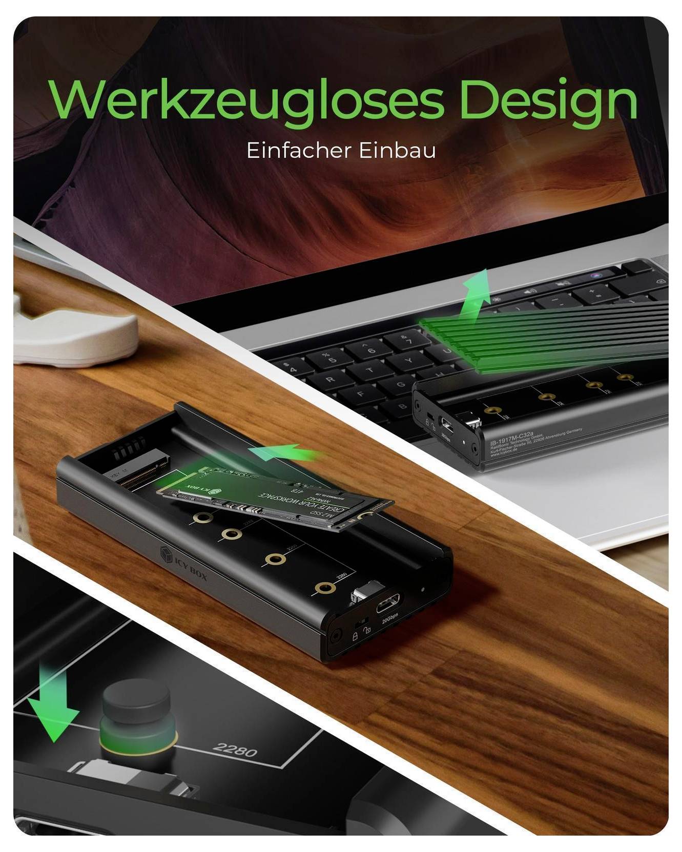 Werbebild eines werkzeuglosen SSD-Gehäuses mit Installationsanleitung, beschriftet mit „Werkzeugloses Design