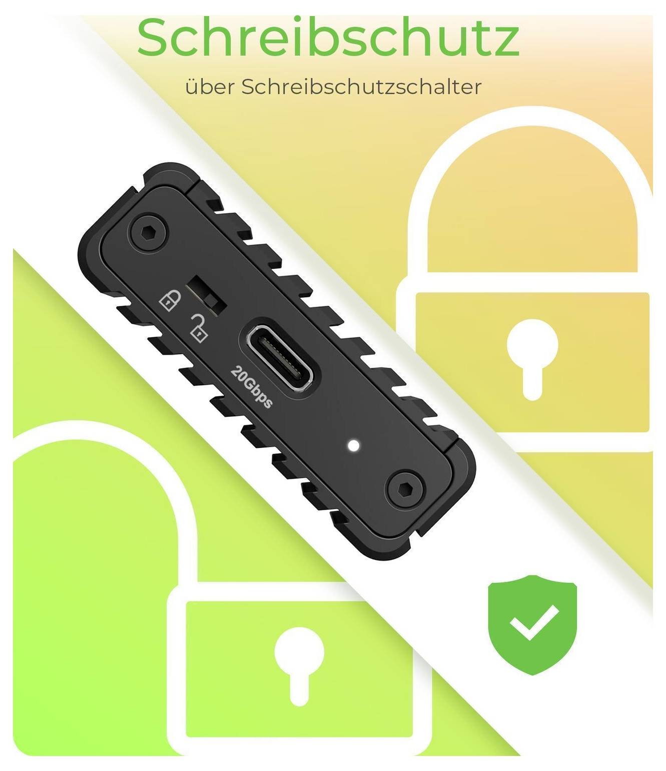 Illustration zur werkzeuglosen SSD-Installation: ein Laufwerksfach und eine SSD richten sich über einem schwarzen Gehäuse aus, mit einem durchgestrichenen Schraubendrehersymbol und deutschem Text „Werkzeuglose SSD-Installation