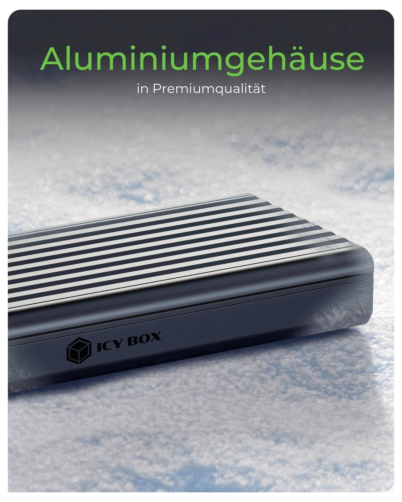 Produktbild eines gestreiften Aluminium-Gehäuses mit der Bezeichnung „ICY BOX