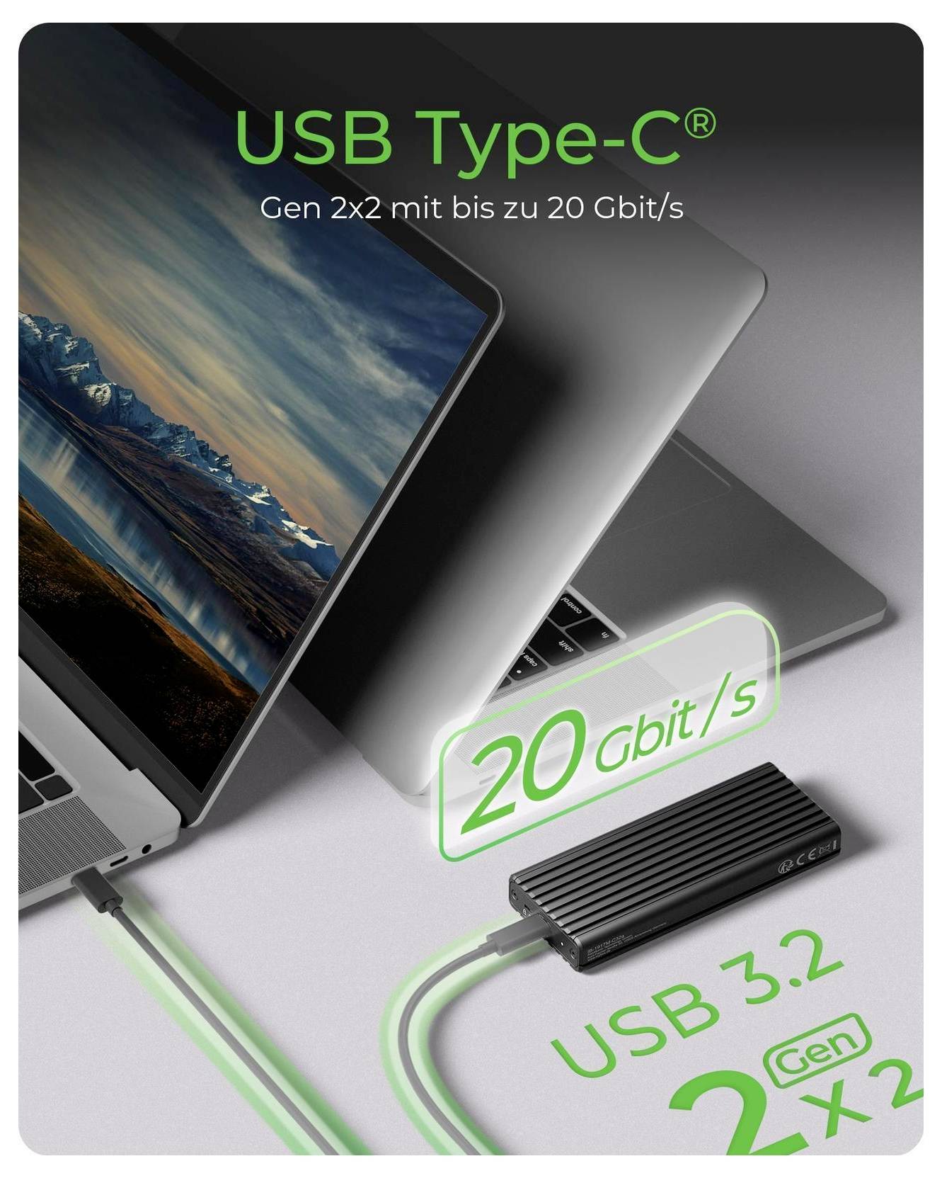 Werbegrafik einer USB-Typ-C-Laptopverbindung, gekennzeichnet mit „Gen 2x2 mit bis zu 20 Gbit/s