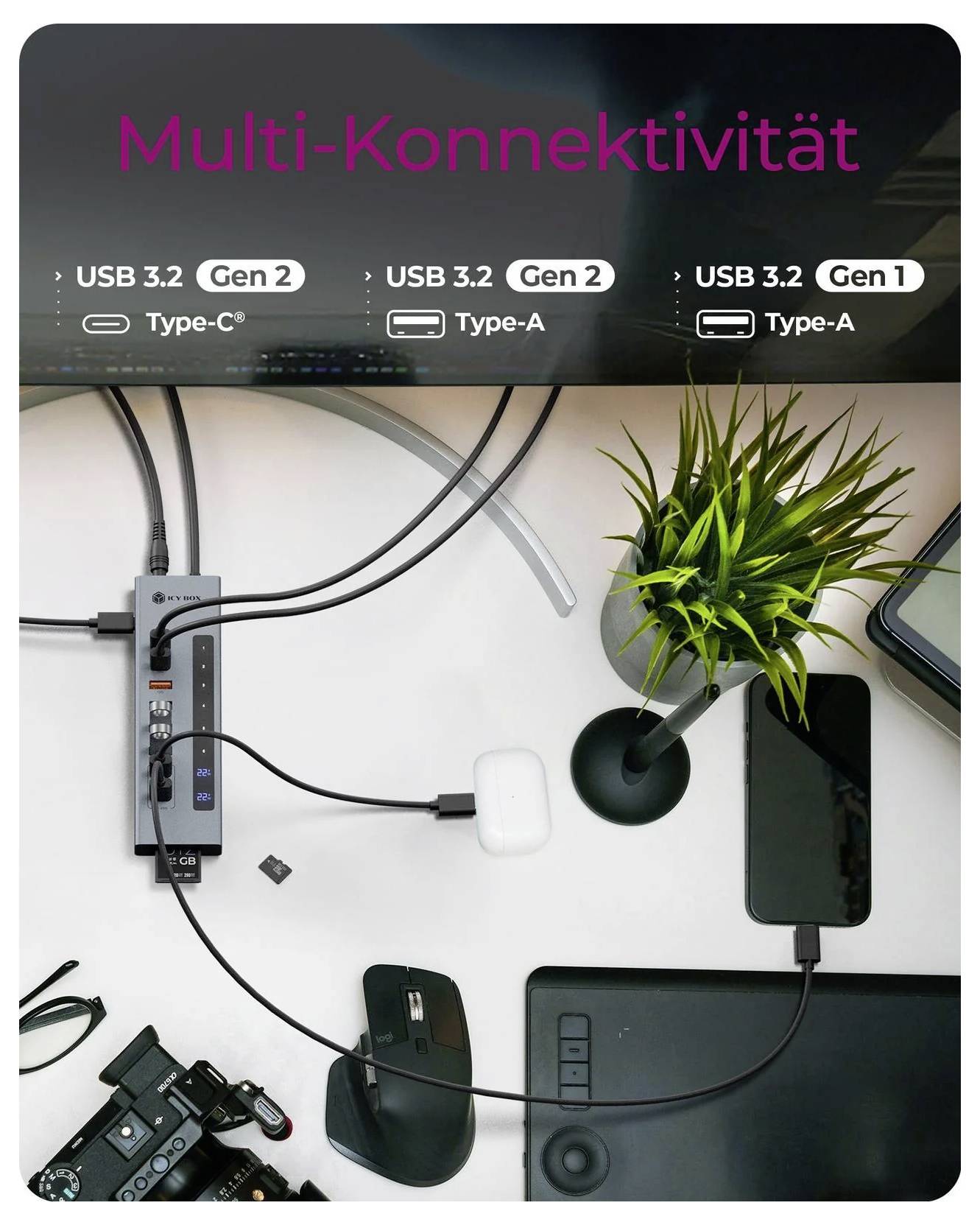 Draufsicht eines Schreibtischs mit einer USB-C-Dockingstation mit der Bezeichnung „Multi-Konnektivität