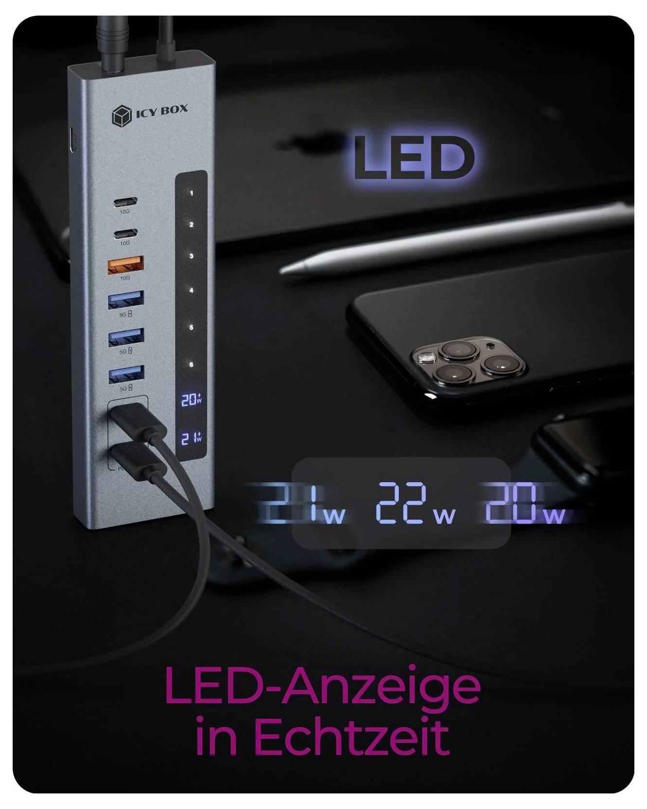 ICY BOX 61159 USB-Hub 7+2 Port USB-C® (USB 3.2 Gen 2), USB-C® PD, USB-A (USB 3.2 Gen 2), USB-A (USB 3.2 Gen 1), SDHC, SDXC, SD