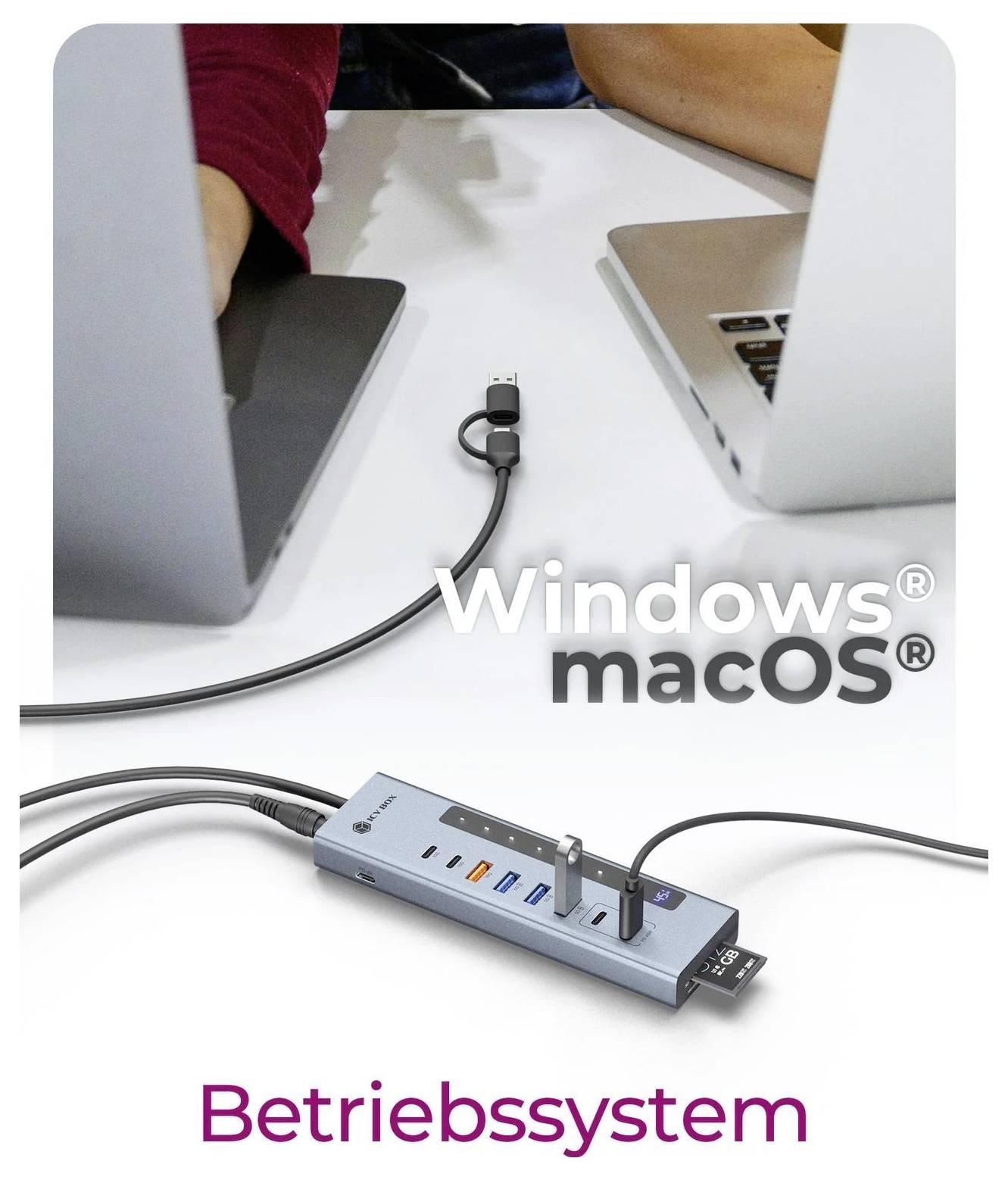 USB-C-Hub zwischen einem Windows- und macOS-Laptop mit der deutschen Bezeichnung „Betriebssystem
