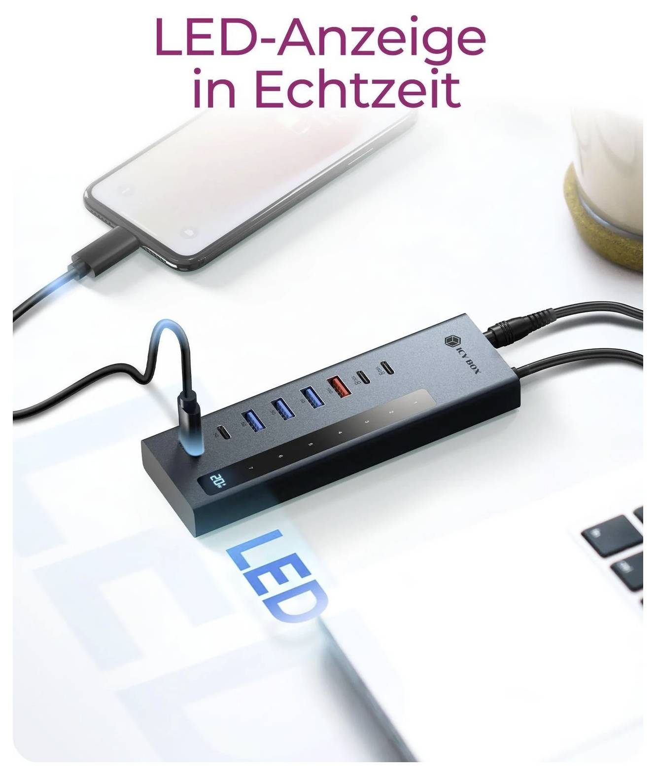# ICY BOX Speichergehäuse**Speichere alles****Bis zu 60 TB**Duales Schachtgehäuse für Festplattenlaufwerke, mit Mediensymbolen und Kapazitätsangaben für HDD/SSD bis zu 60 TB.