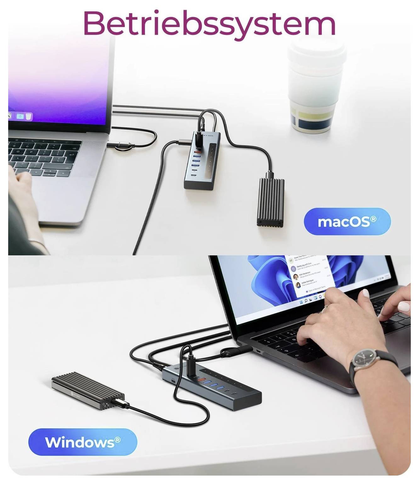 Nahaufnahme der Frontblende eines Desktop-PCs mit versteckten USB-C-, USB-A- und Kartenleserports in einem leicht erreichbaren vorderen Fach.