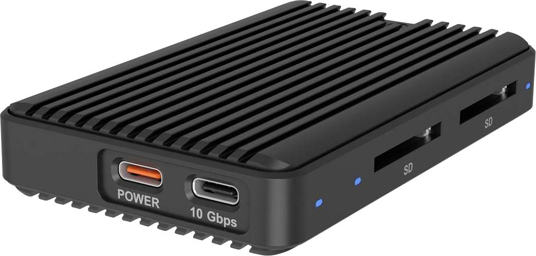 Schwarze externe Speicherstation mit gerippter Oberseite, vorderer USB-C-Anschluss mit der Beschriftung „10 Gbps