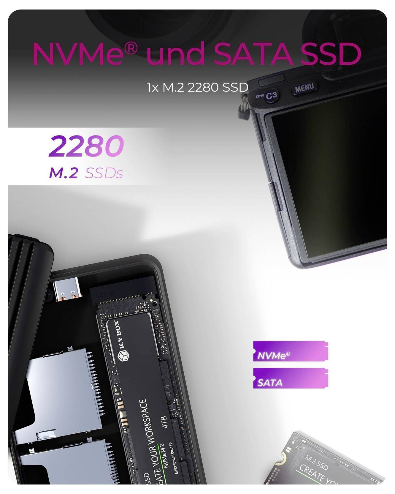 ICY BOX IB-CR602M-C31 M.2 SSD-Gehäuse USB-C® (USB 3.2 Gen 2) 10 GBit/s M.2 PCIe NVMe, M.2 SATA 2280 61154