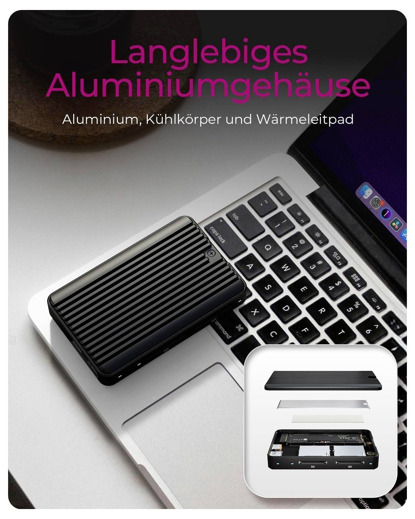 Werbebild eines schwarzen Aluminium-Außengeräts auf einer Laptop-Tastatur, mit deutschem Text „Langlebiges Aluminiumgehäuse
