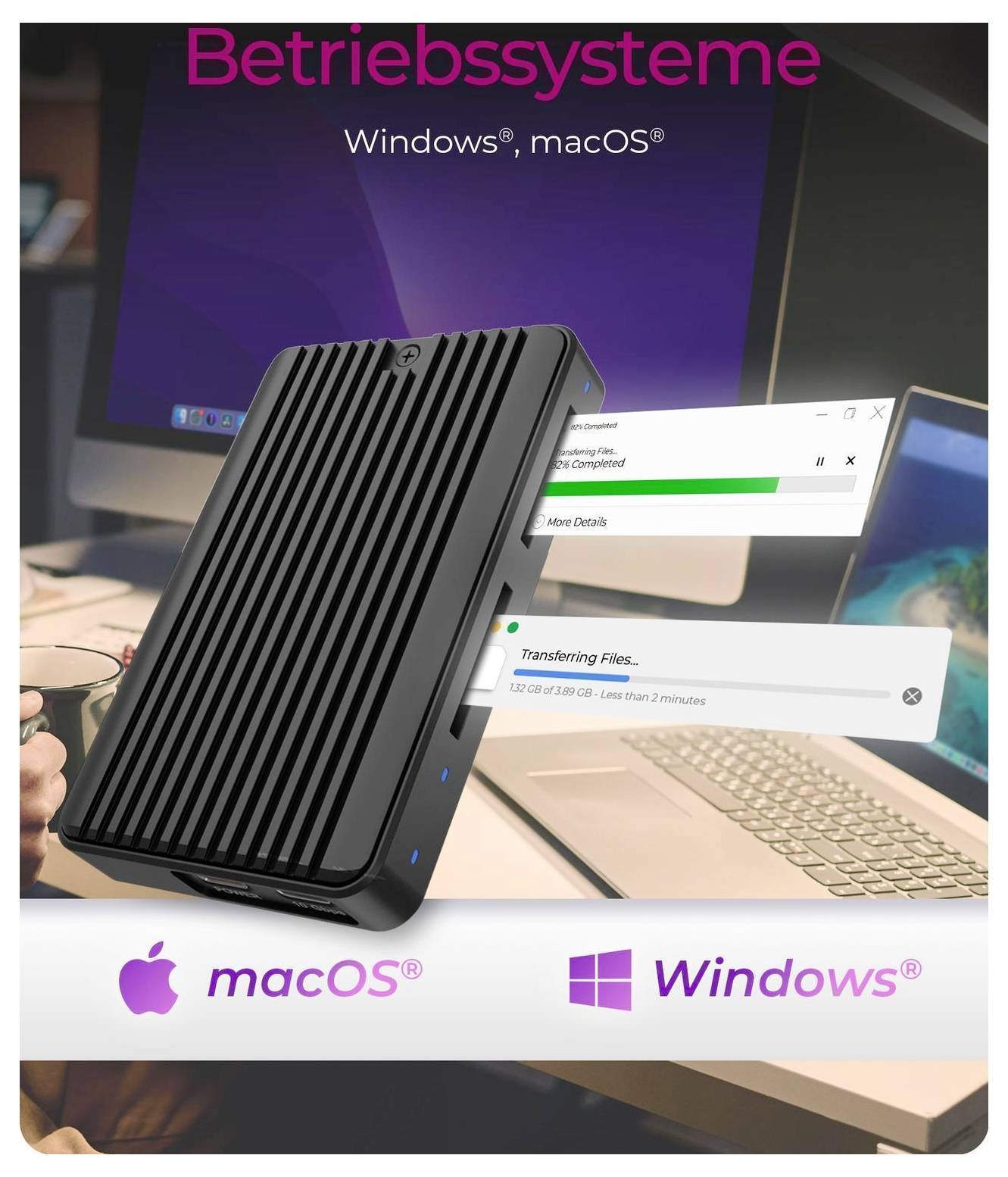 Tragbares externes Laufwerk für Windows und macOS, gezeigt über einem Laptop-Bildschirm mit Dateiübertragungsfortschrittsbalken und „Betriebssysteme