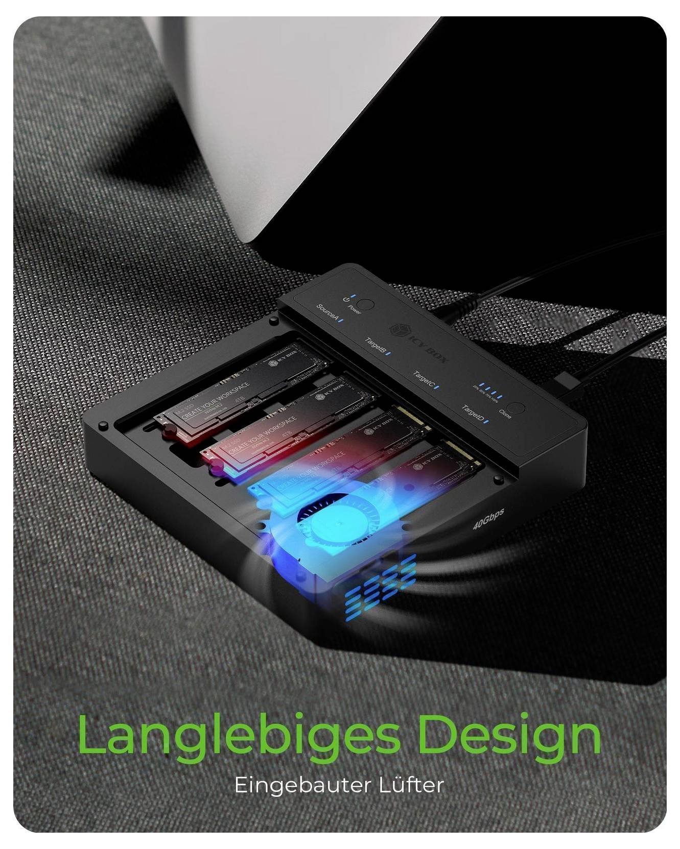 Schwarze rechteckige Kühleinheit mit leuchtendem blauem Lüfter und roten Kühlkörpern, gezeigt auf einer laptopähnlichen Oberfläche; Text sagt „Langlebiges Design