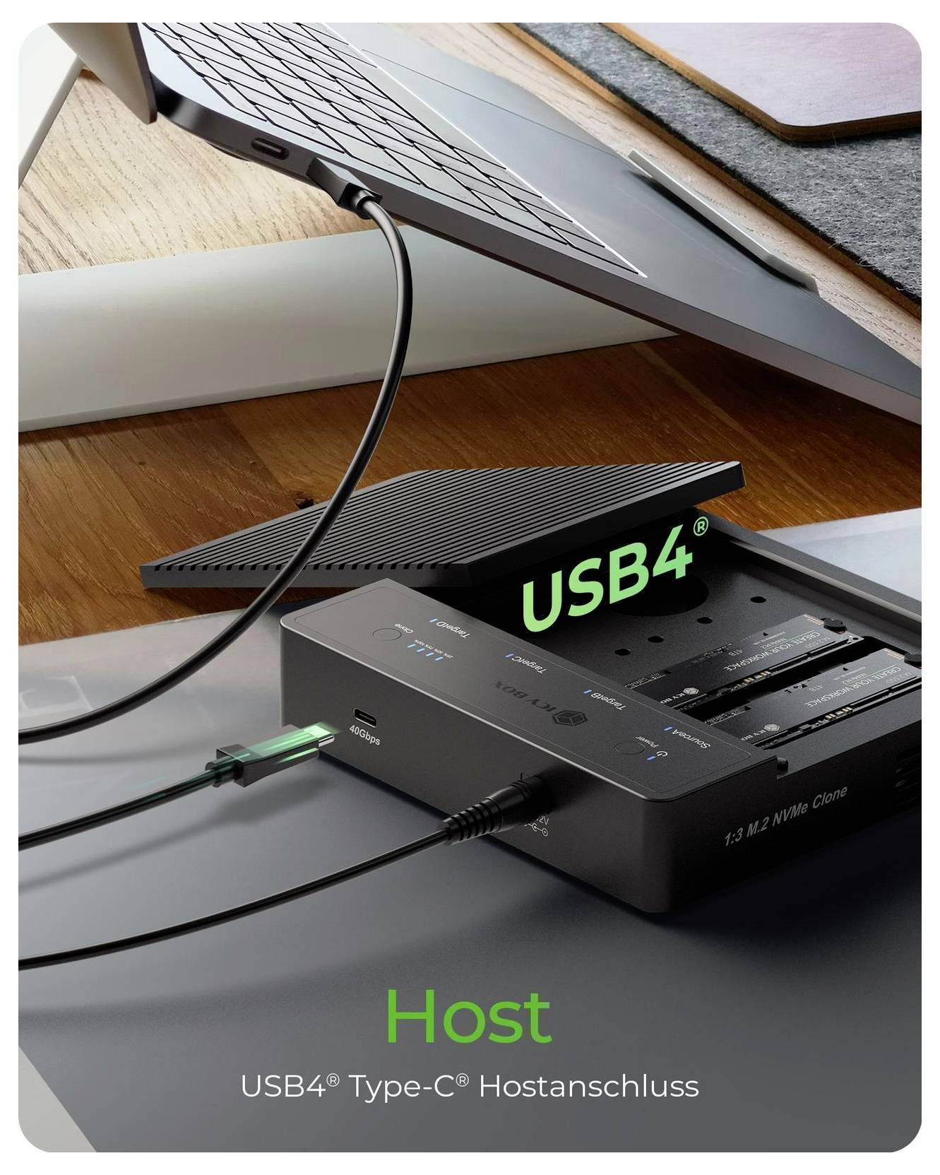 USB4-Dockingstation, die mit einem Laptop verbunden ist, mit grünen Beschriftungen 