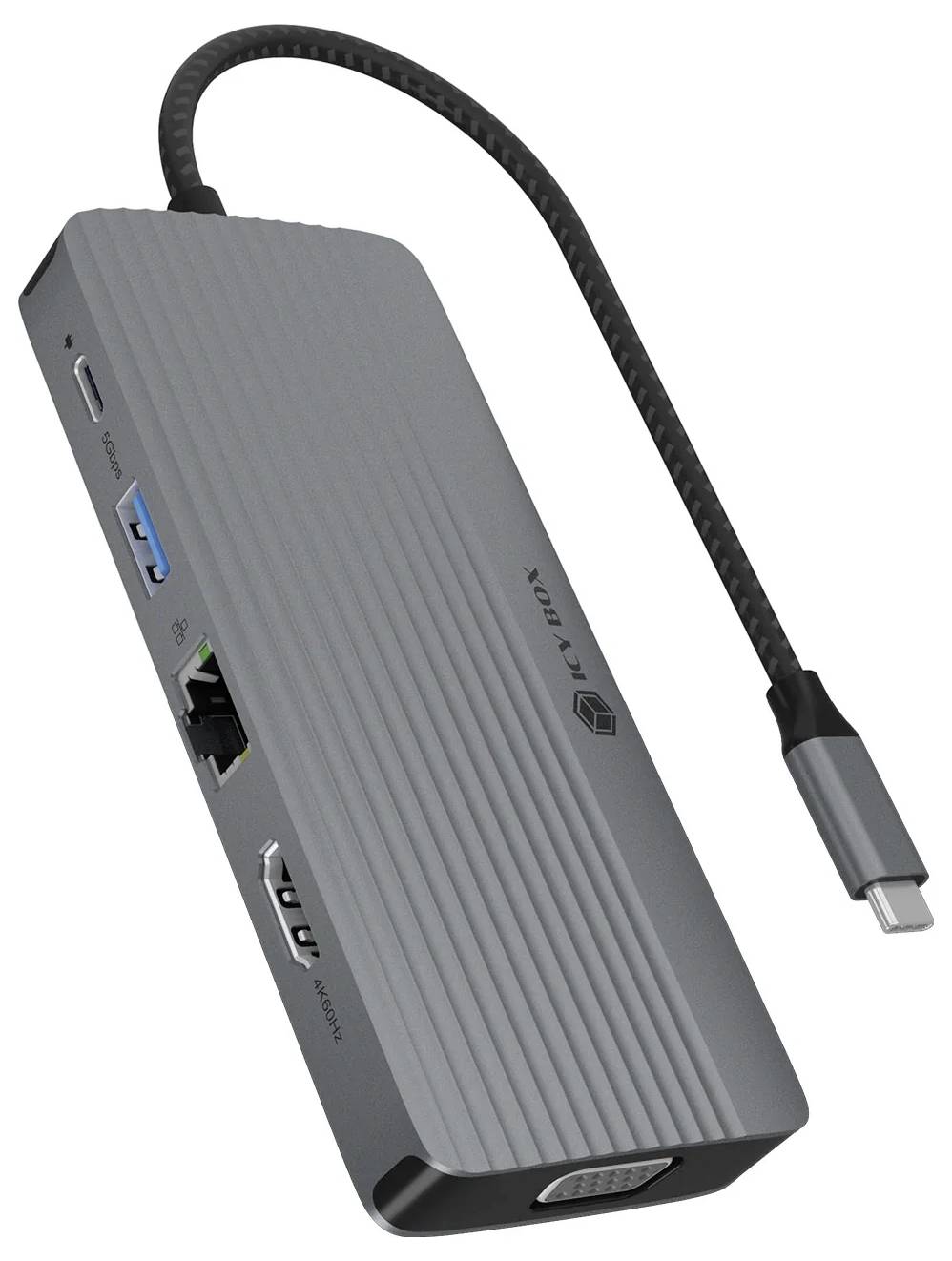 Grauer USB-C-Docking-Hub mit angeschlossenem Kabel, mehrere Seitenports einschließlich USB, Ethernet und HDMI, auf weißem Hintergrund dargestellt.