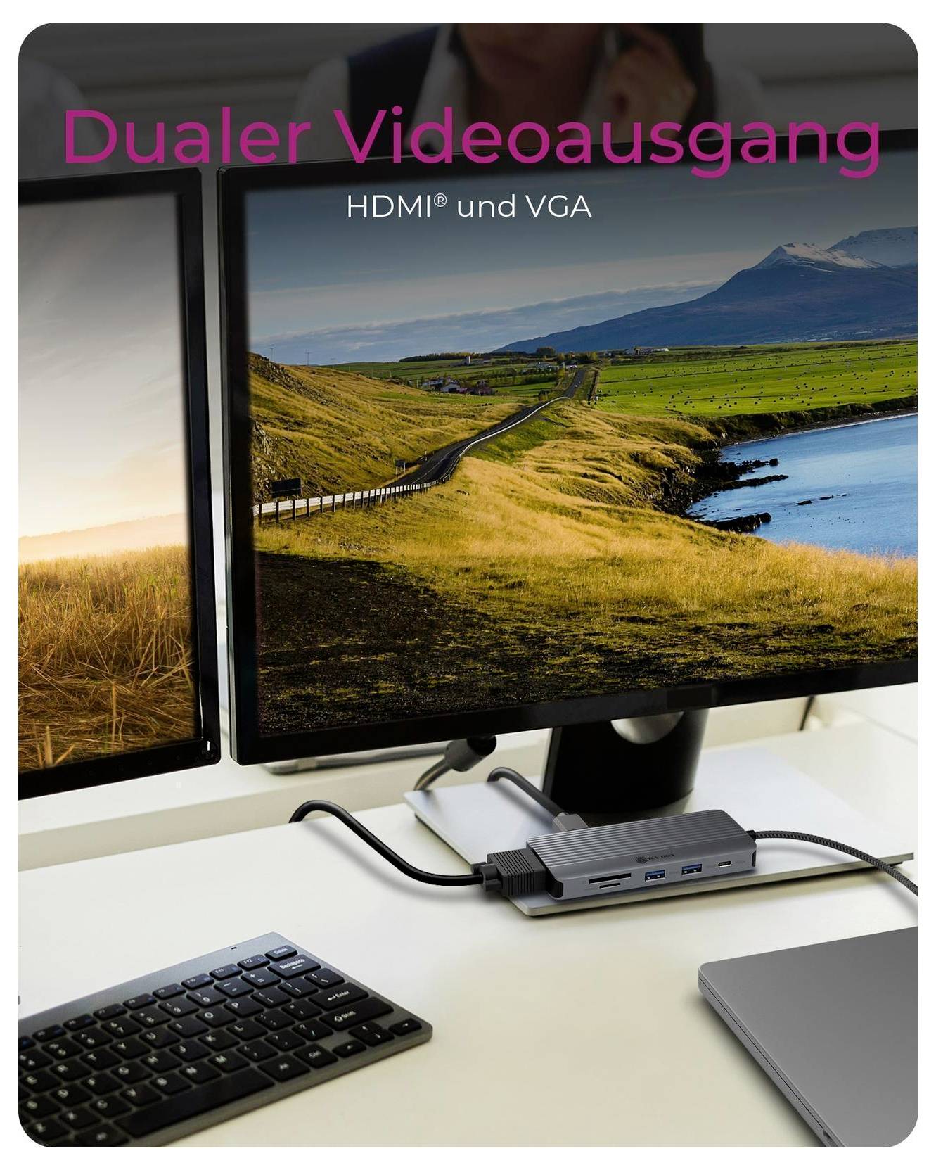 Dual-Monitor-Setup mit einer Dockingstation mit den Texten „Dualer Videoausgang