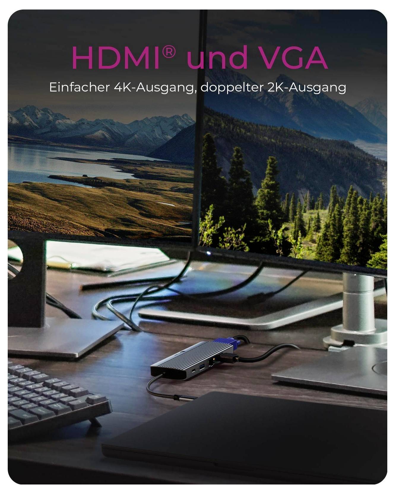 Dual-Monitor-Desktop-Setup mit HDMI- und VGA-Adapter; Text lautet „HDMI und VGA