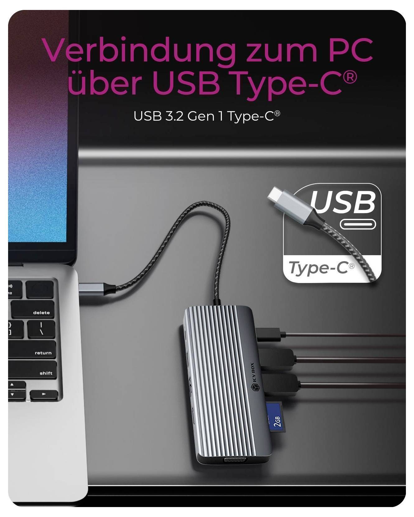 M.2 SATA- und NVMe-Adapter, die mit einem Laptop verbunden sind, mit beschrifteten SSD-Größen 2230, 2242, 2260 und 2280, die neben dem Laufwerksschacht angezeigt werden.