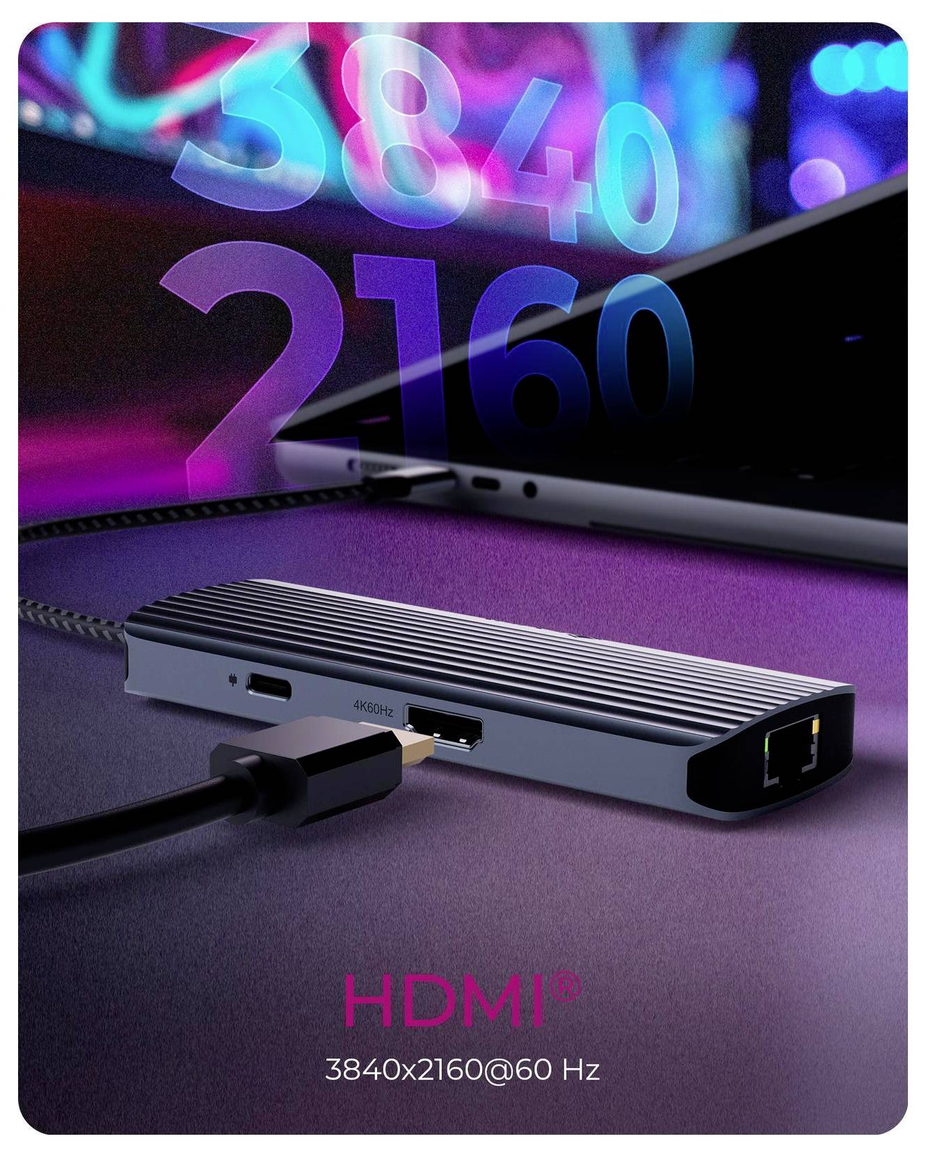 USB-C-Multiport-Hub angeschlossen an einen Laptop, mit HDMI-Unterstützung und Text, der „HDMI 3840x2160@60 Hz