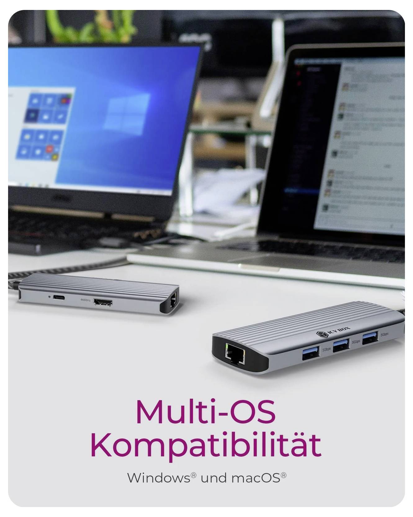 Zwei schlanke USB-C-Hubs auf einem Schreibtisch vor Windows- und Mac-Laptops, mit dem Text „Multi-OS-Kompatibilität