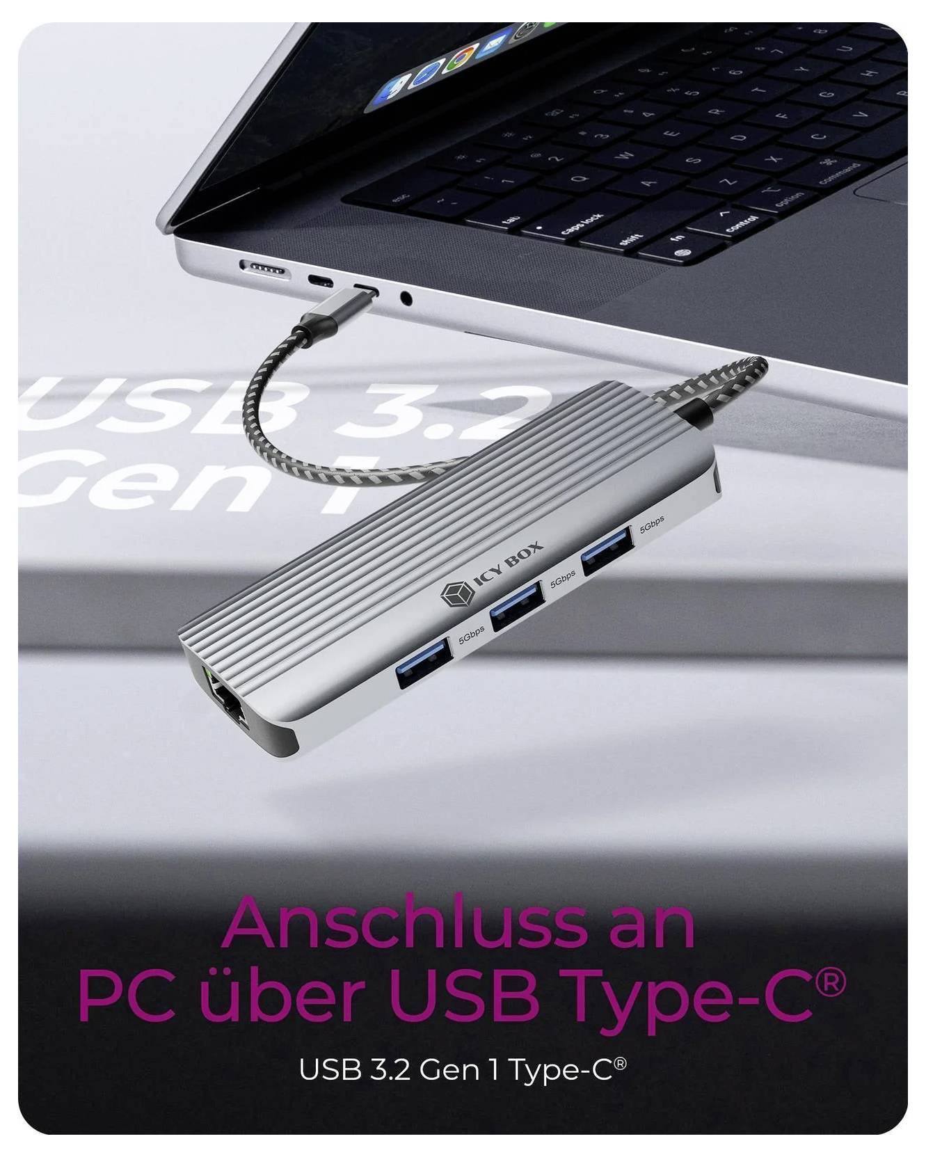 USB-C-Hub mit Laptop verbunden, dargestellt mit mehreren Anschlüssen und dem Text „Anschluss an PC über USB Type-C