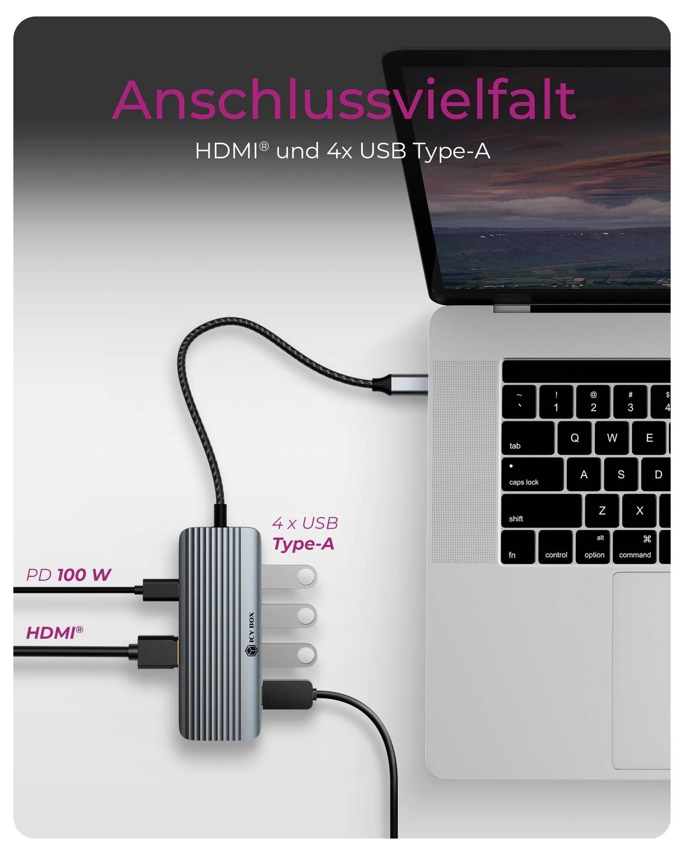 Werbebild eines USB-C-Hubs für einen Laptop, gekennzeichnet mit 