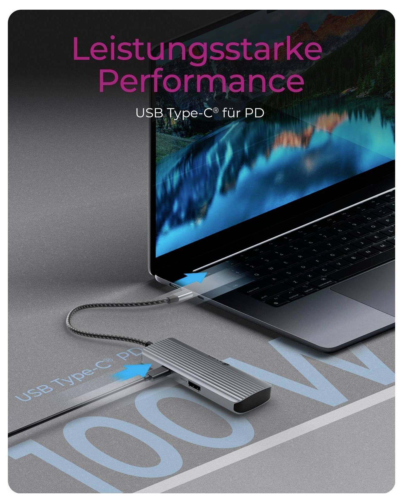 Laptop verbunden mit einem USB-C PD-Ladegerät-Adapter mit Kabel; Text lautet „Leistungsstarke Performance