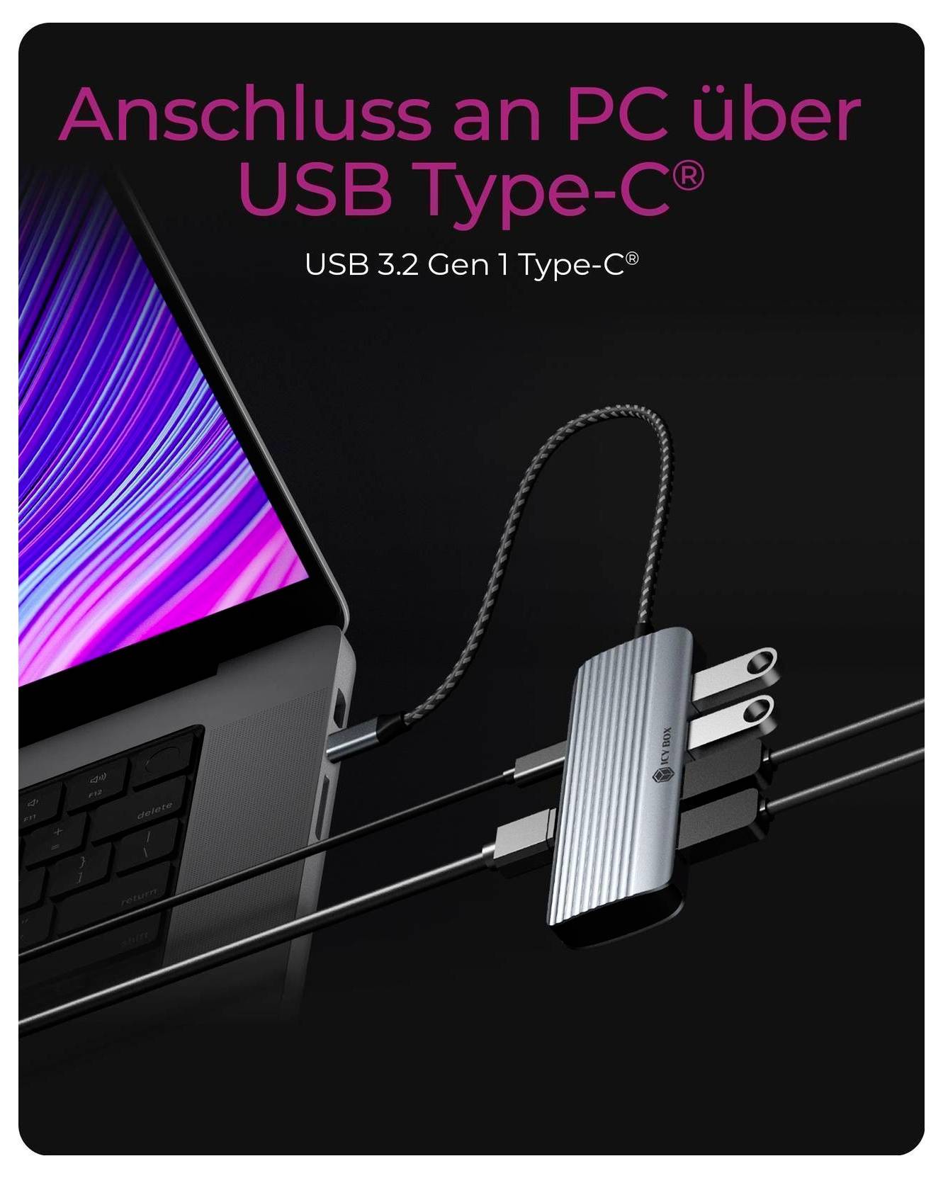 # Marketing graphic showing a laptop connected by a USB-C hub, with German text 'Verbindung zum PC über USB Typ-C' and 'USB 3.2 Gen 1 Typ-C'.
