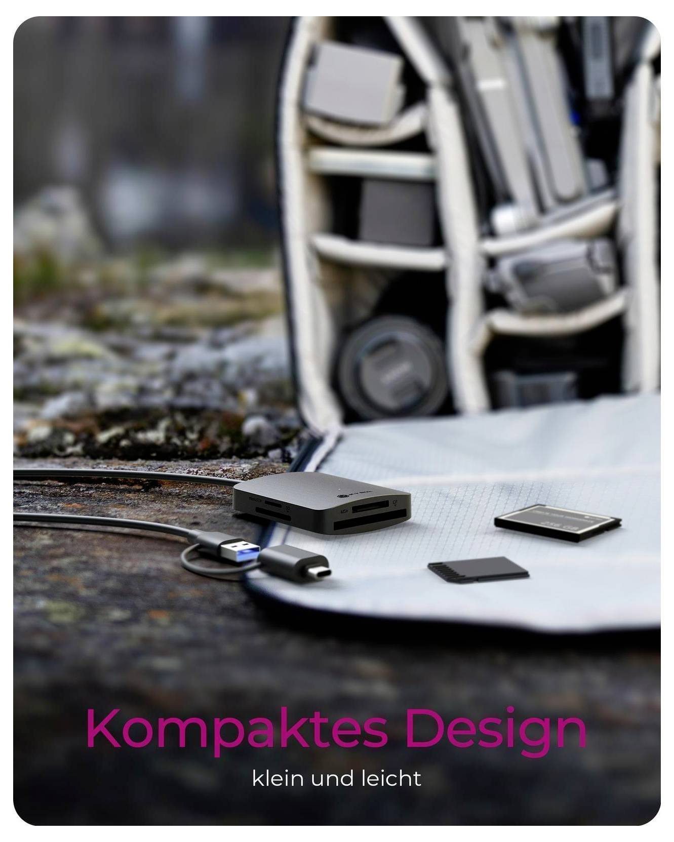 Kompaktes tragbares Gerät mit Kabeln und Zubehör auf einer Matte, das die Texte „Kompaktes Design