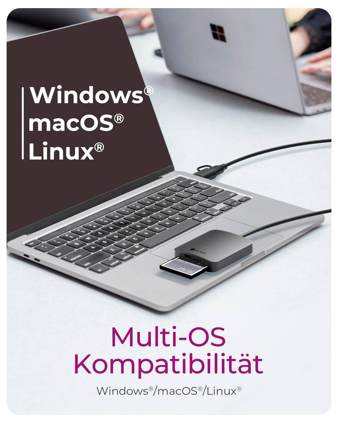 Laptop mit einem USB-Gerät und dem Text „Windows