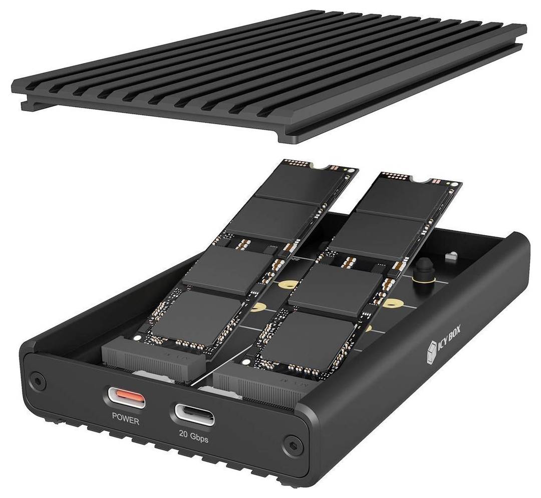 Open M.2 SSD-Gehäuse mit zwei Laufwerken innen und abnehmbarem geripptem Deckel, Frontanschlüsse beschriftet mit „POWER