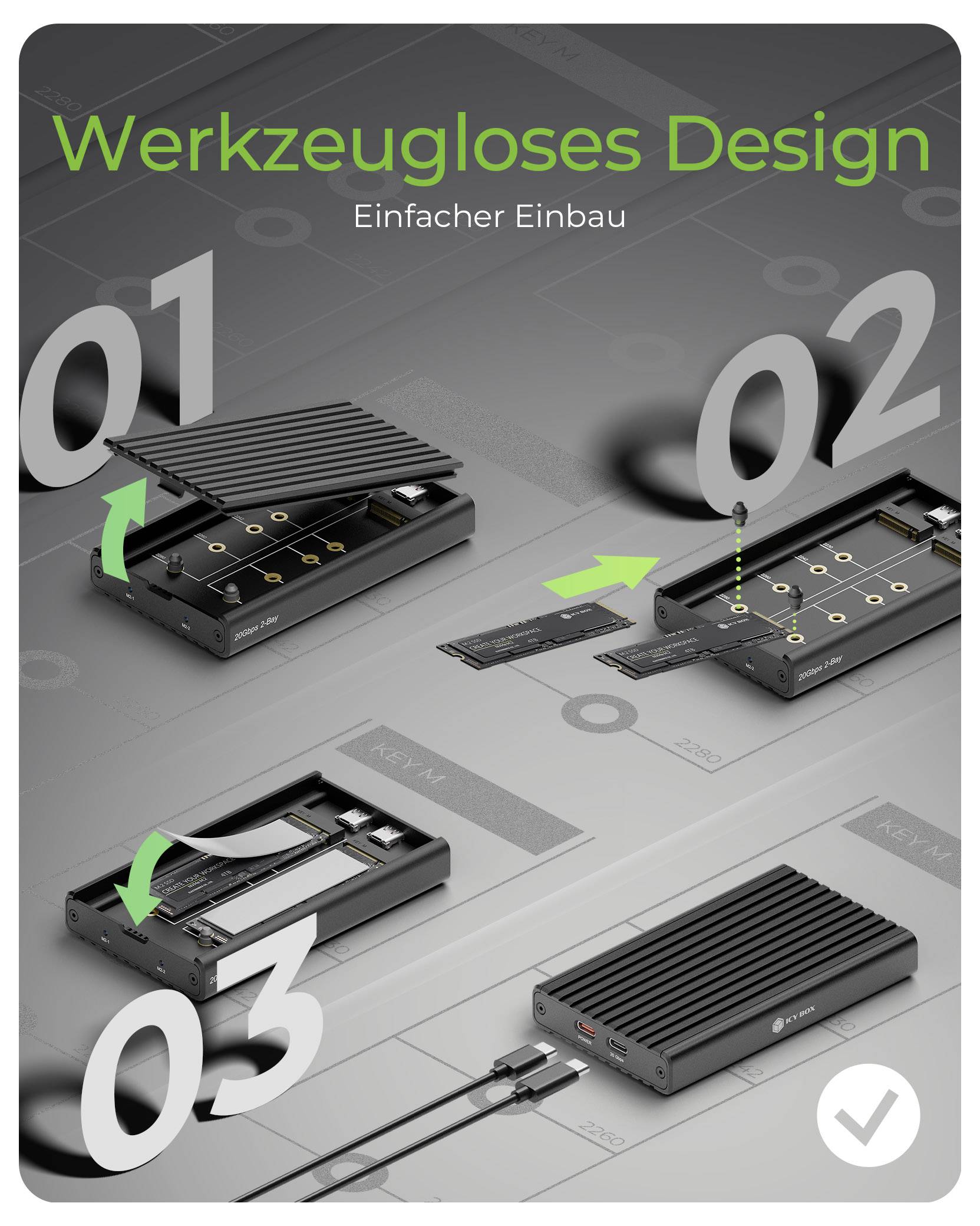 Infografik zeigt werkzeugfreies Design und einfache Installation eines kompakten Geräts in drei Schritten: Abdeckung öffnen, Komponente einsetzen/ausrichten und schließen/verbinden.